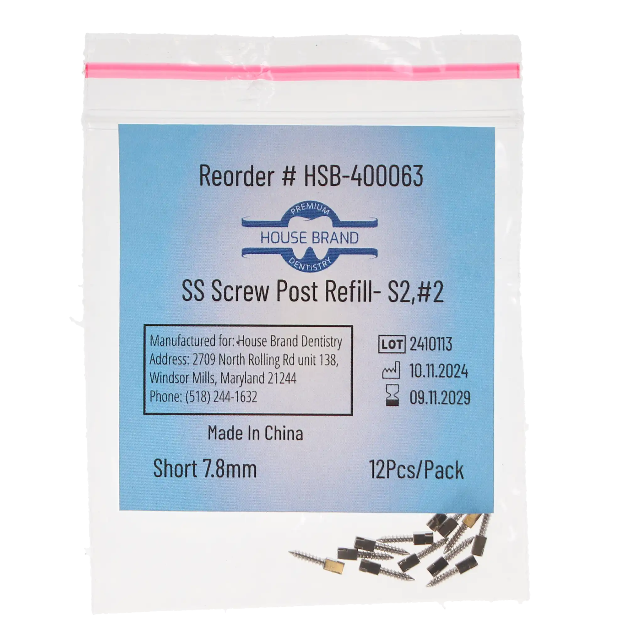 House Brand Dentistry Stainless-Steel Screw Post Refill, S2 #2 Short 7.8mm, 12/Pk, 400063 thumbnail 3