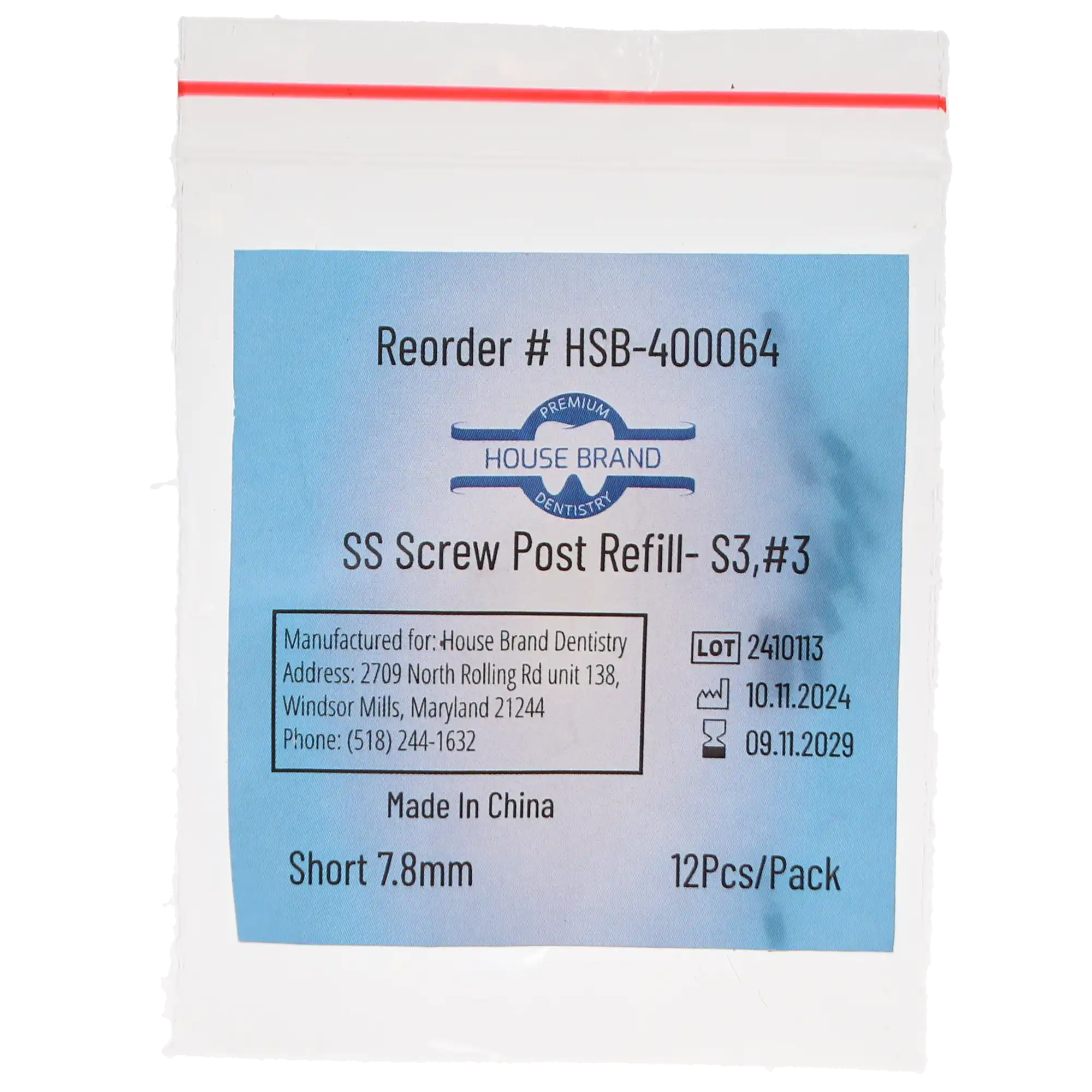 House Brand Dentistry Stainless-Steel Screw Post Refill, S3, #3 Short 7.8mm, 12/Pk, 400064 thumbnail 3