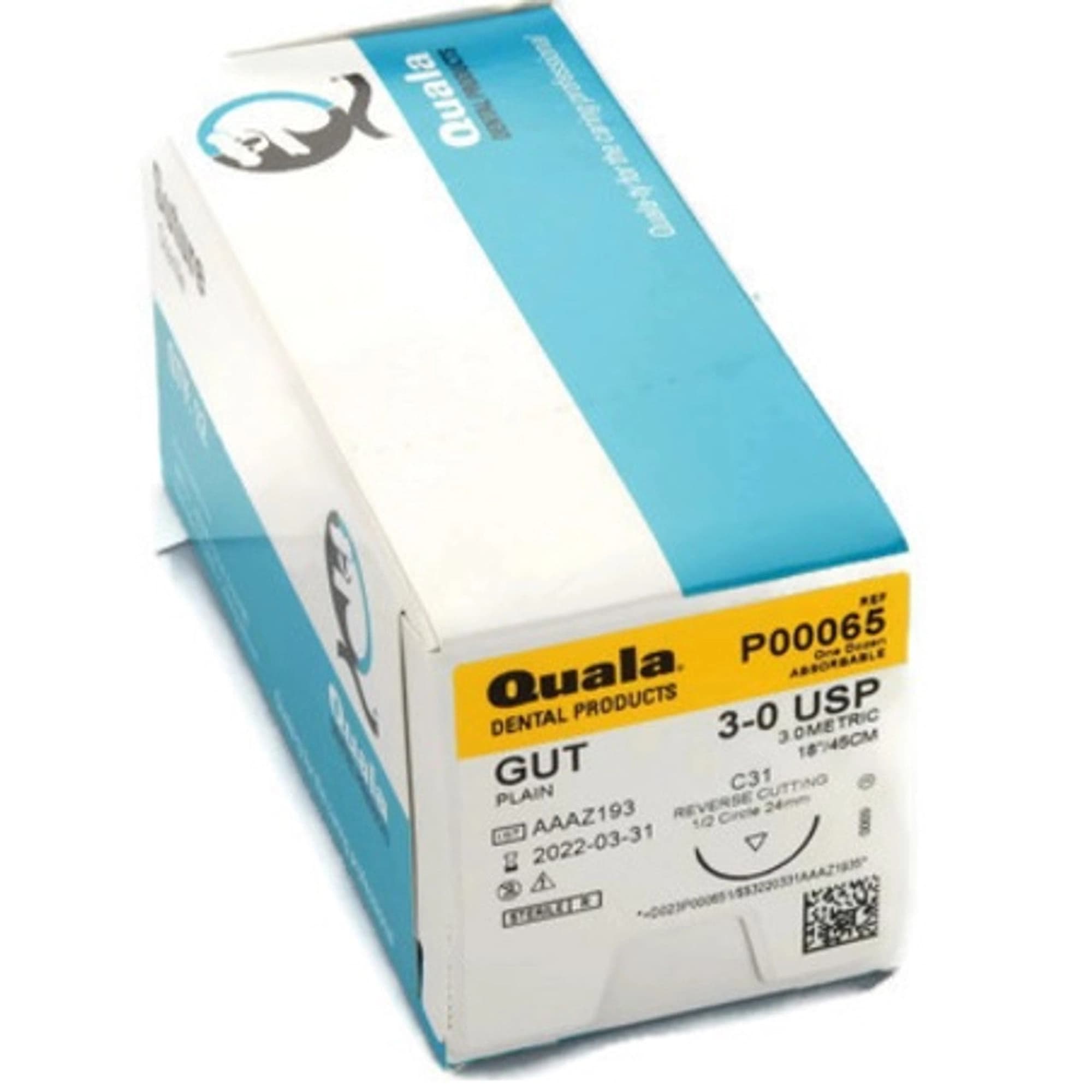 Quala Plain Gut Sutures, 3/0, C-31 Reverse-Cutting 24 mm Needle, 18", 12/Bx, P00065 - Sutures, Plain Gut, 3/0, C-31, 18", 12/Pk, P00065 - Image 1
