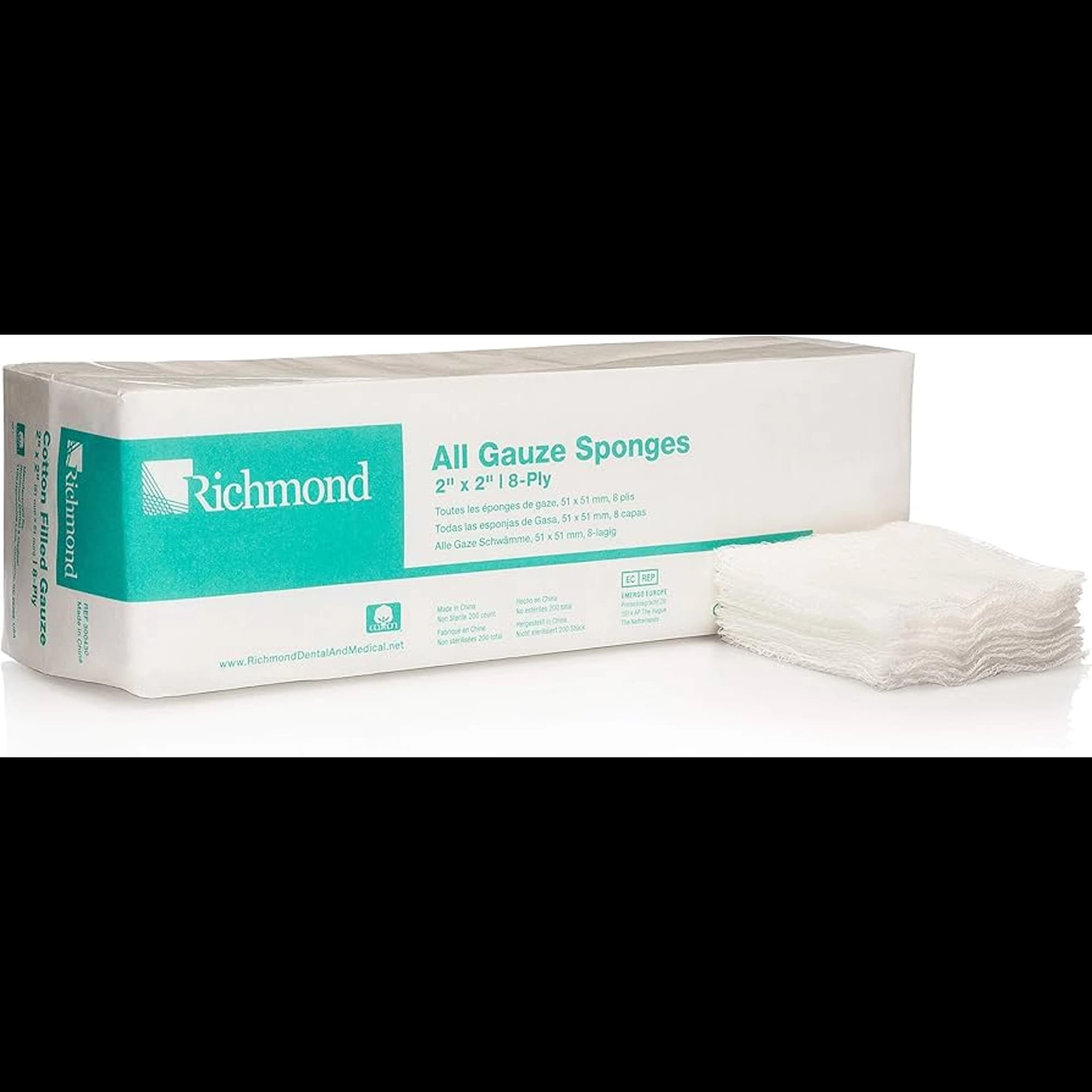 Richmond Dental All Gauze Sponge, 2" x 2", 8-Ply, Non-Sterile, 200/Sleeve, 25 Sleeves/Case, 5000/Case, 300430 thumbnail 2