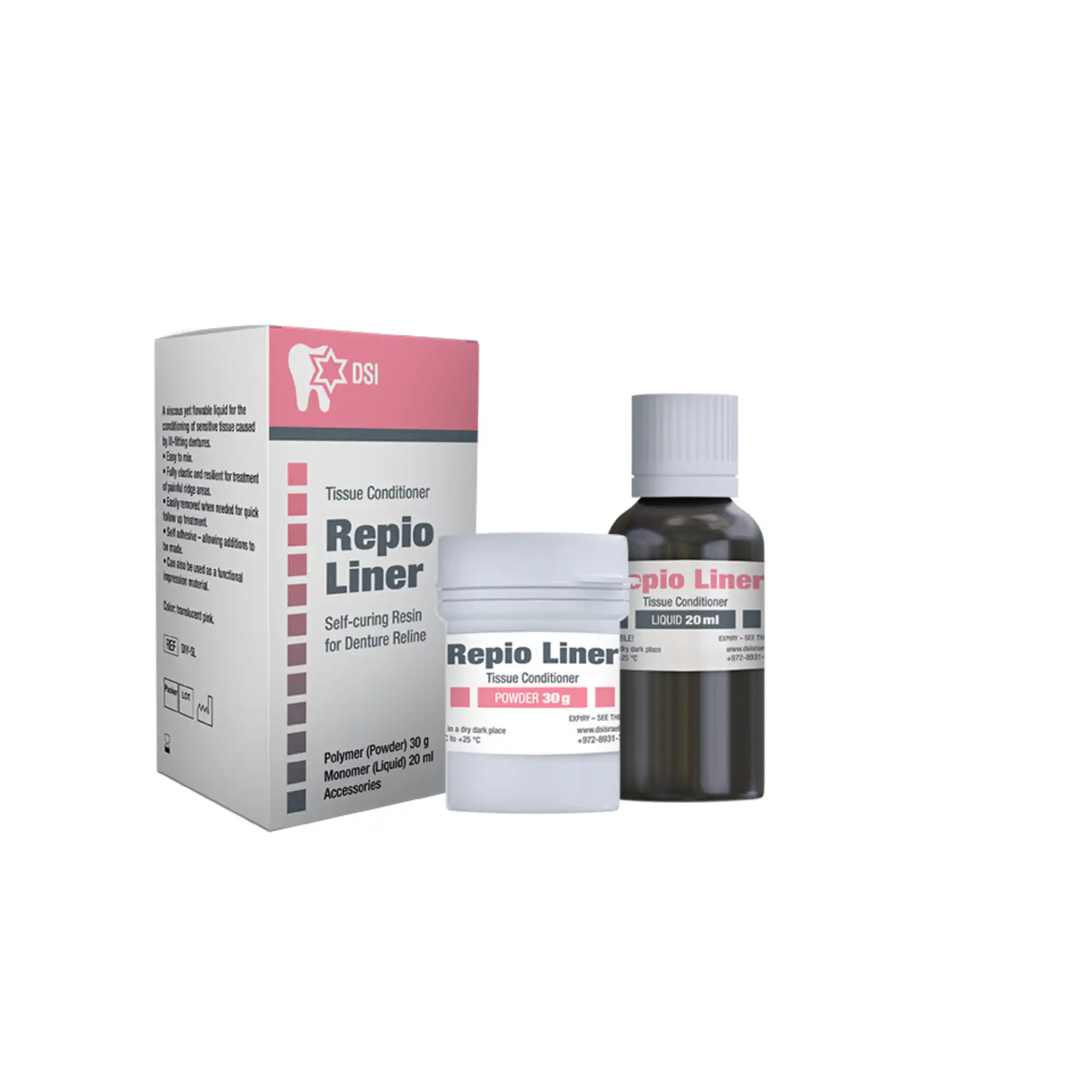 DSI Repio Sofy Liner & Tissue Conditioner Kit: 30g Powder Polymer, 20ml Liquid Monomer, Translucent Pink, DIY-SL - Repio Sofy Liner & Tissue Conditioner Kit: 30G Powder Polymer 20Ml Liquid Monomer, DIY-SL - Image 1