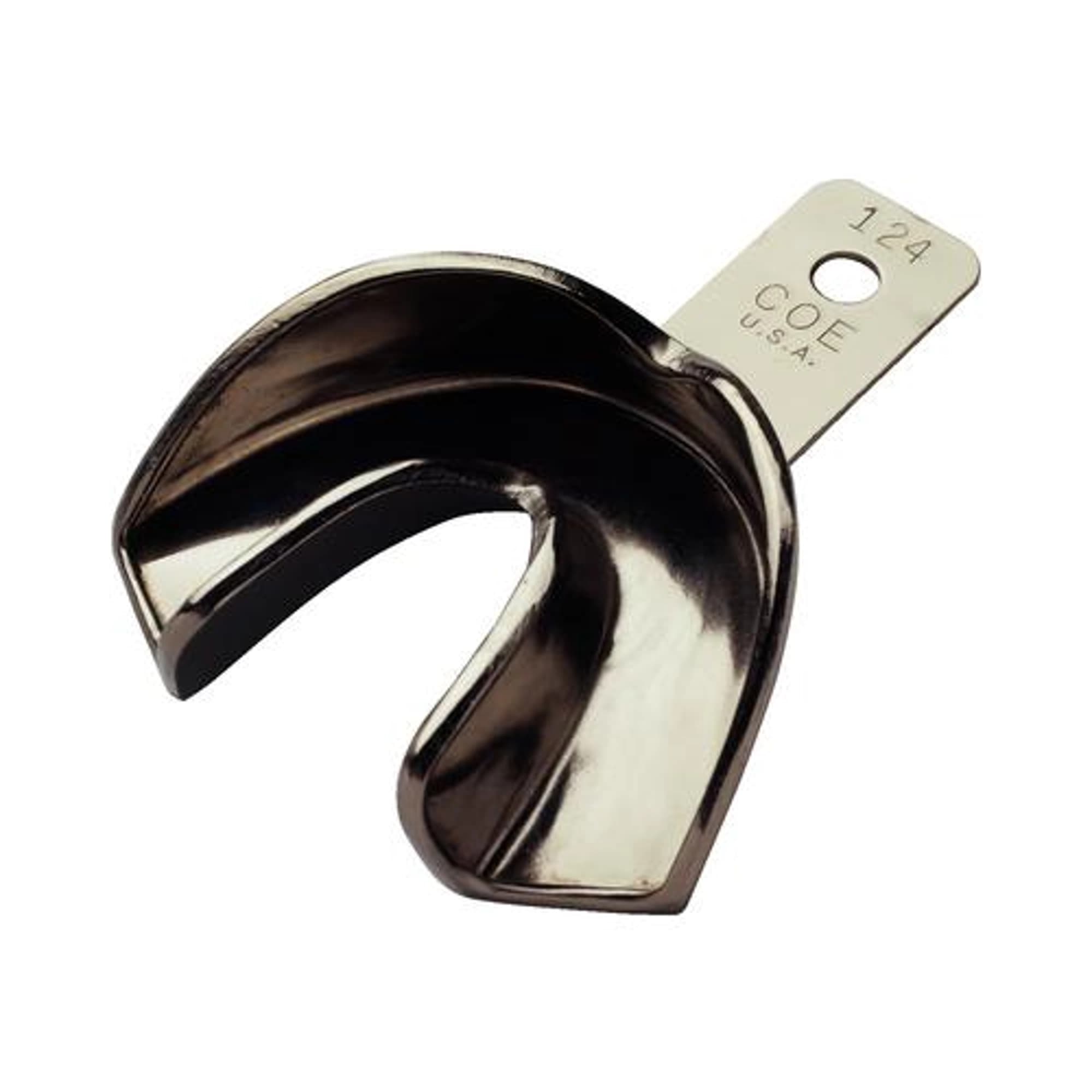 GC America COE #124 Extra-Small Lower Full-Arch Nickel-Plated Solid Impression Tray, 2-1/2" W x 2-15/16" L x 3/4" D, 1 Each - #124 Coe Regular Nickel-Plated Solid Tray - Image 1