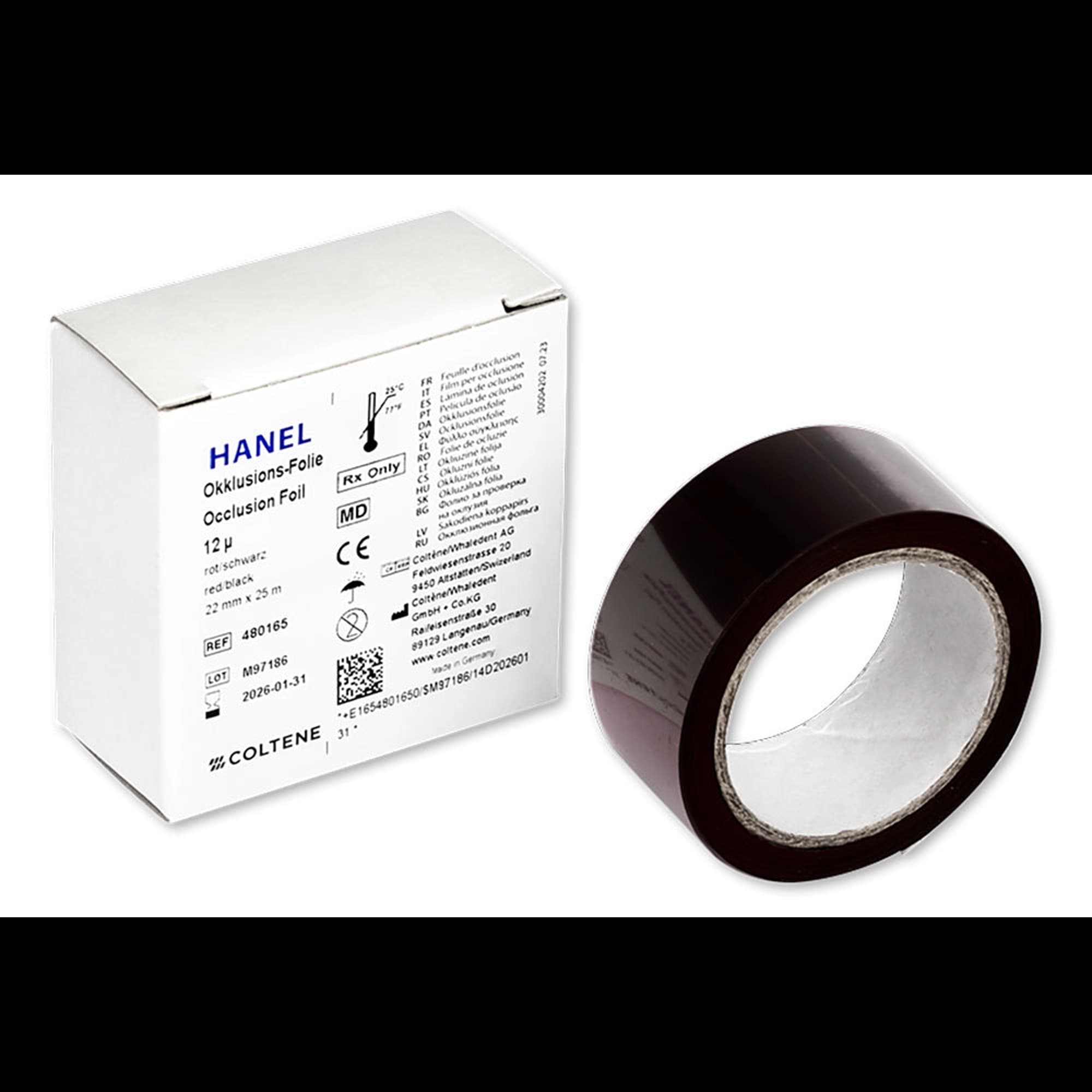 Hanel Occlusion Foil, Two-Sided Red/Black, 12 Microns, 22 mm x 25 m Roll, 480165 - Coltene - Occlusion Foil Red/Black - Image 1
