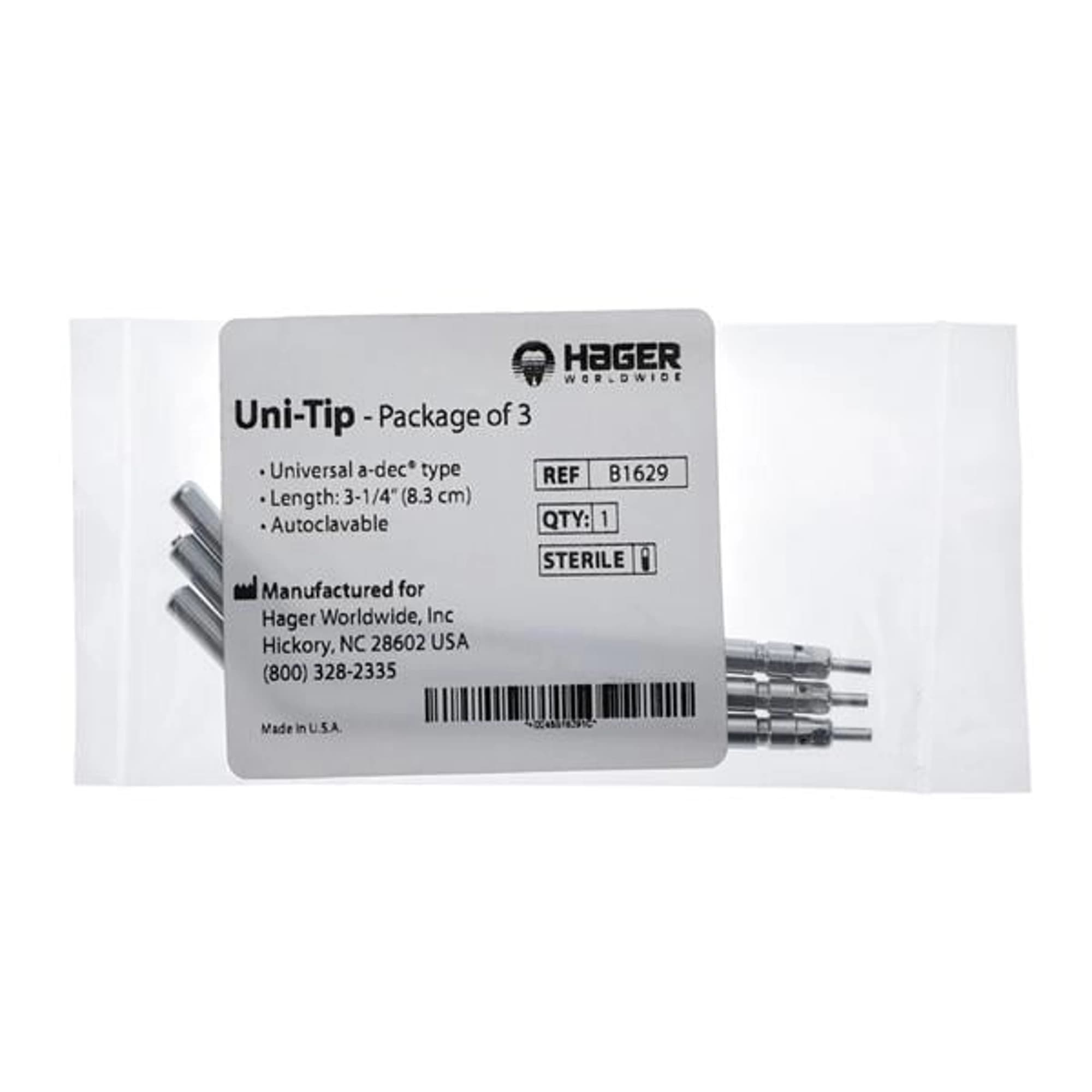 Hager Worldwide Uni-Tip Autoclavable Air/Water Syringe Tips, Universal/A-dec Type, 3-1/4" (8mm), Stainless Steel, 3/Pk, B1629 thumbnail 3