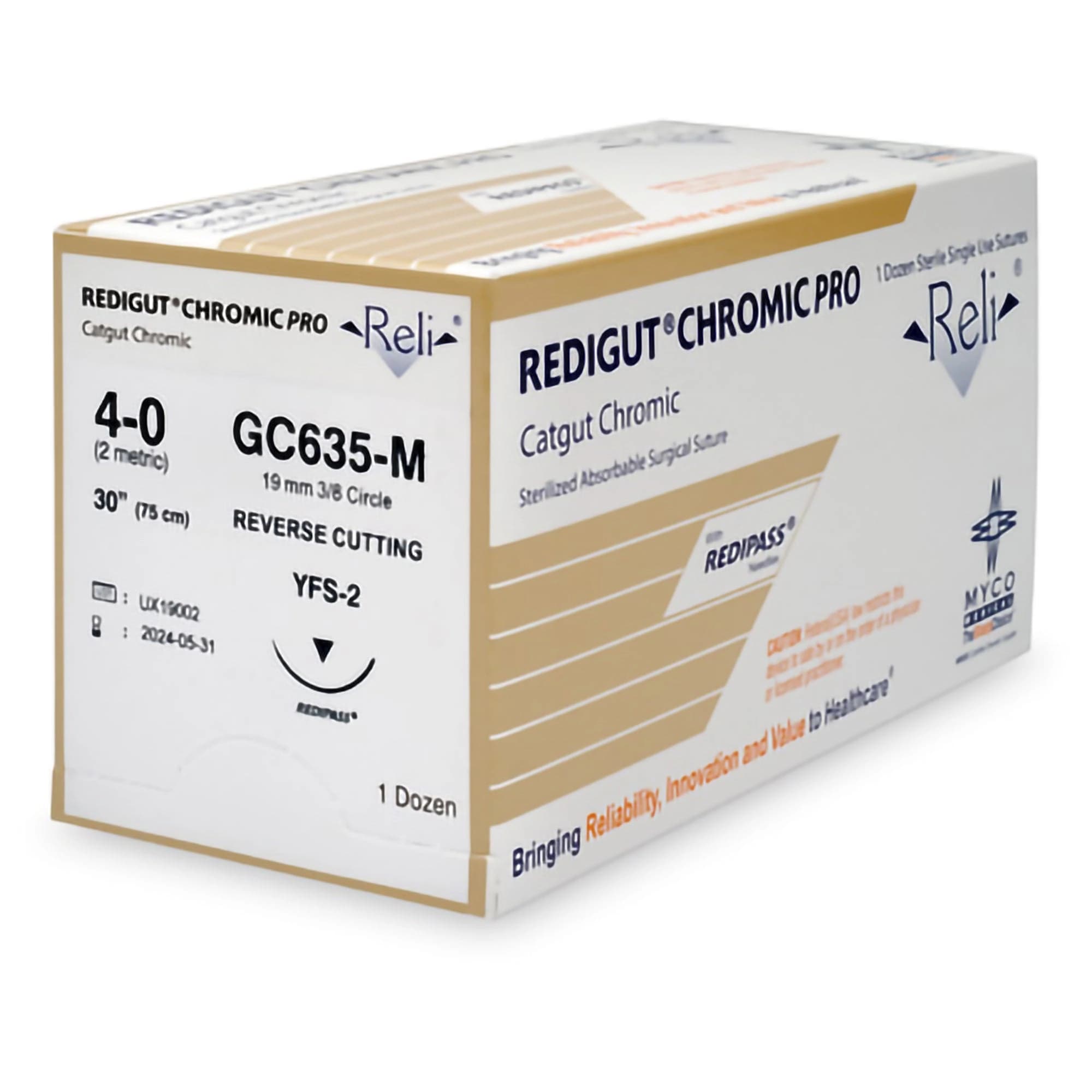 Reli Chromic Gut Suture, 4-0, 27" with MFS-2/C-6 Reverse-Cutting 19mm Needle, 12/Box - Myco Medical - Reli Redigt Chr 4-0 Mfs-2 27' 12/Box - Image 1