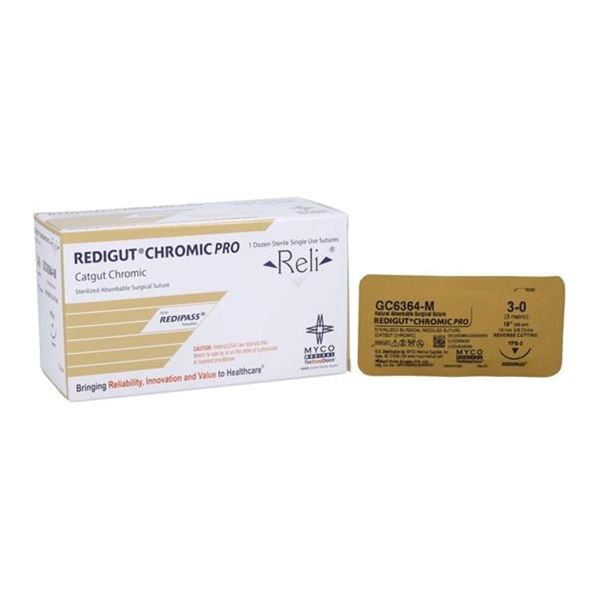 Reli Chromic Gut Suture, 3-0, 18" with MFS-2 Reverse-Cutting 19mm Needle, 12/Box - Myco Medical - Reli Redigt Chr 3-0 Mfs-2 18'' 12/Box - Image 1