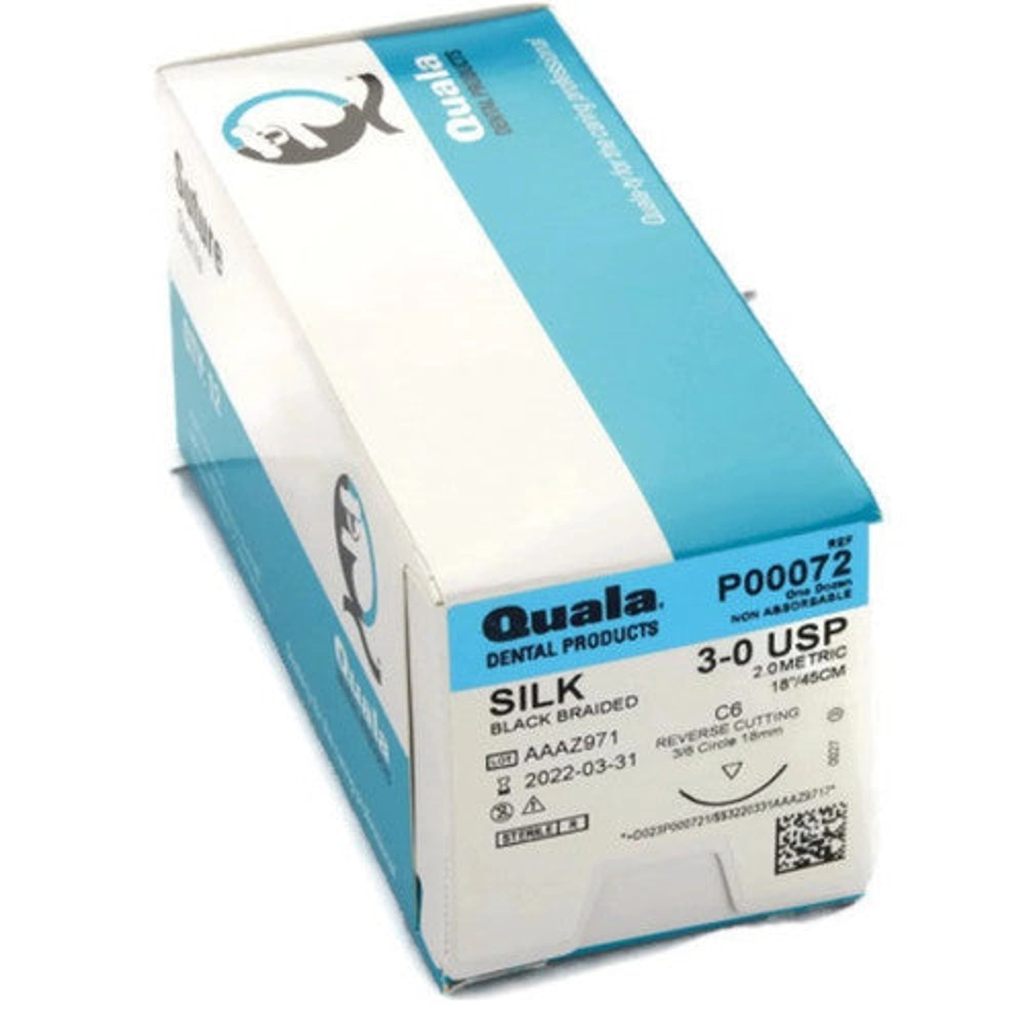 Quala Silk Black Braided Suture, 3/0, C-6 Reverse Cutting Needle 19 mm, 18", 12/Bx - Quala - Silk Black Braided 3/0 C-6 18' 12/Bx - Image 1