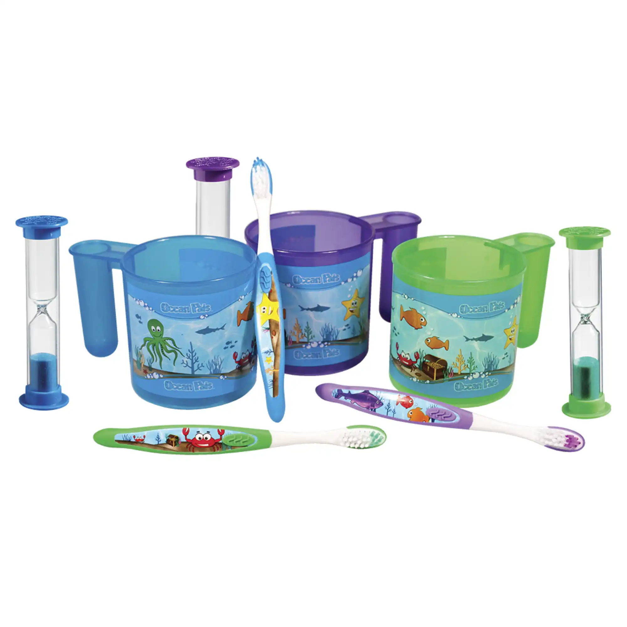 Plak Smacker Ocean Pals Brushing Cup Set, Children's Toothbrush with Tongue Cleaner, 2-Minute Glitter Timer, Reusable Cup, Green/Blue/Purple, 30 Sets/Box - Ocean Pals Brushing Cup Set (30 Ct) - Image 1