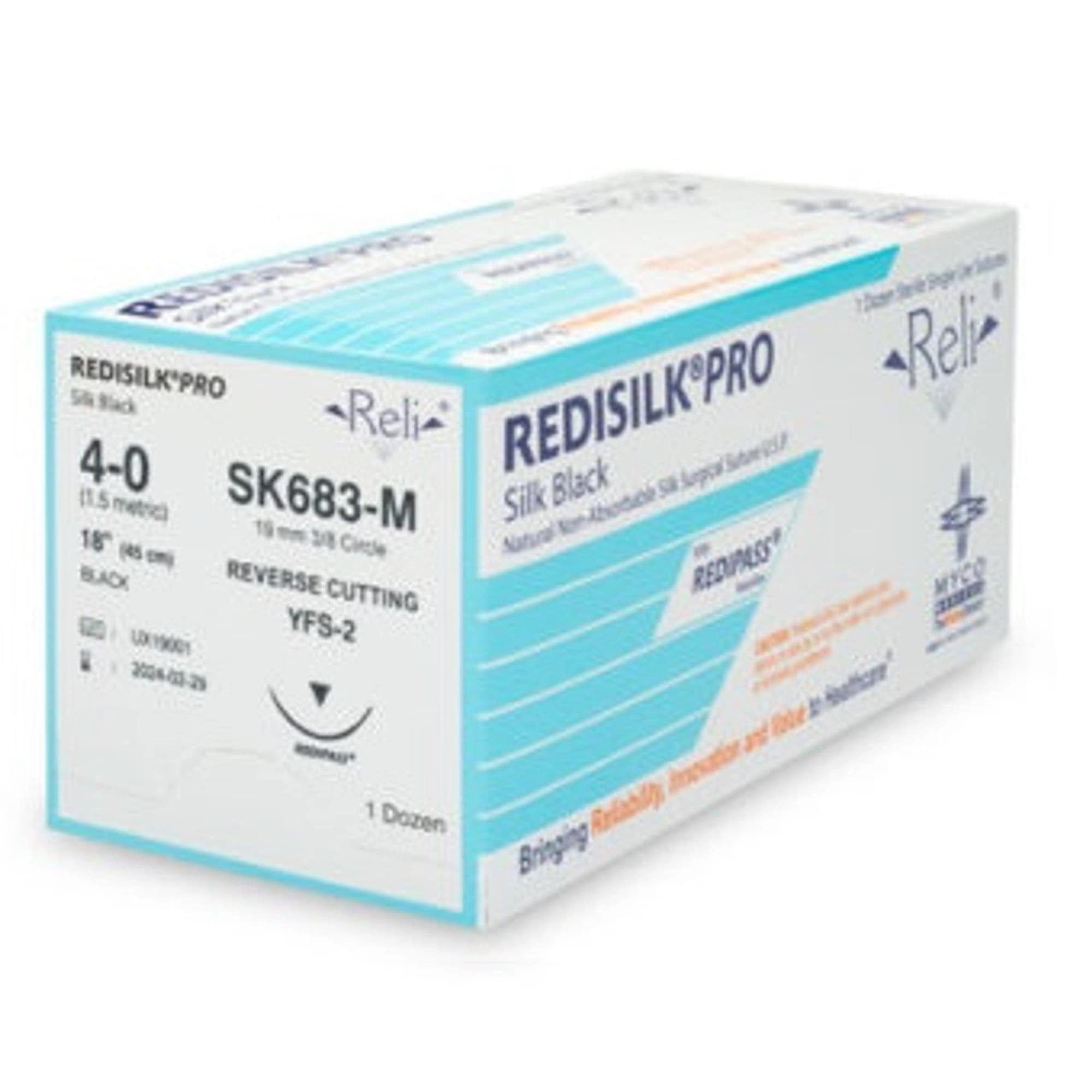 Myco Medical Silk Black Braided Suture, 4/0, 18" (45 cm), C-6 Reverse-Cutting 19mm Needle, Box of 12 - Myco 4/0 18' Silk Black Braided Suture, C-6 Needle, box of 12 - Image 1
