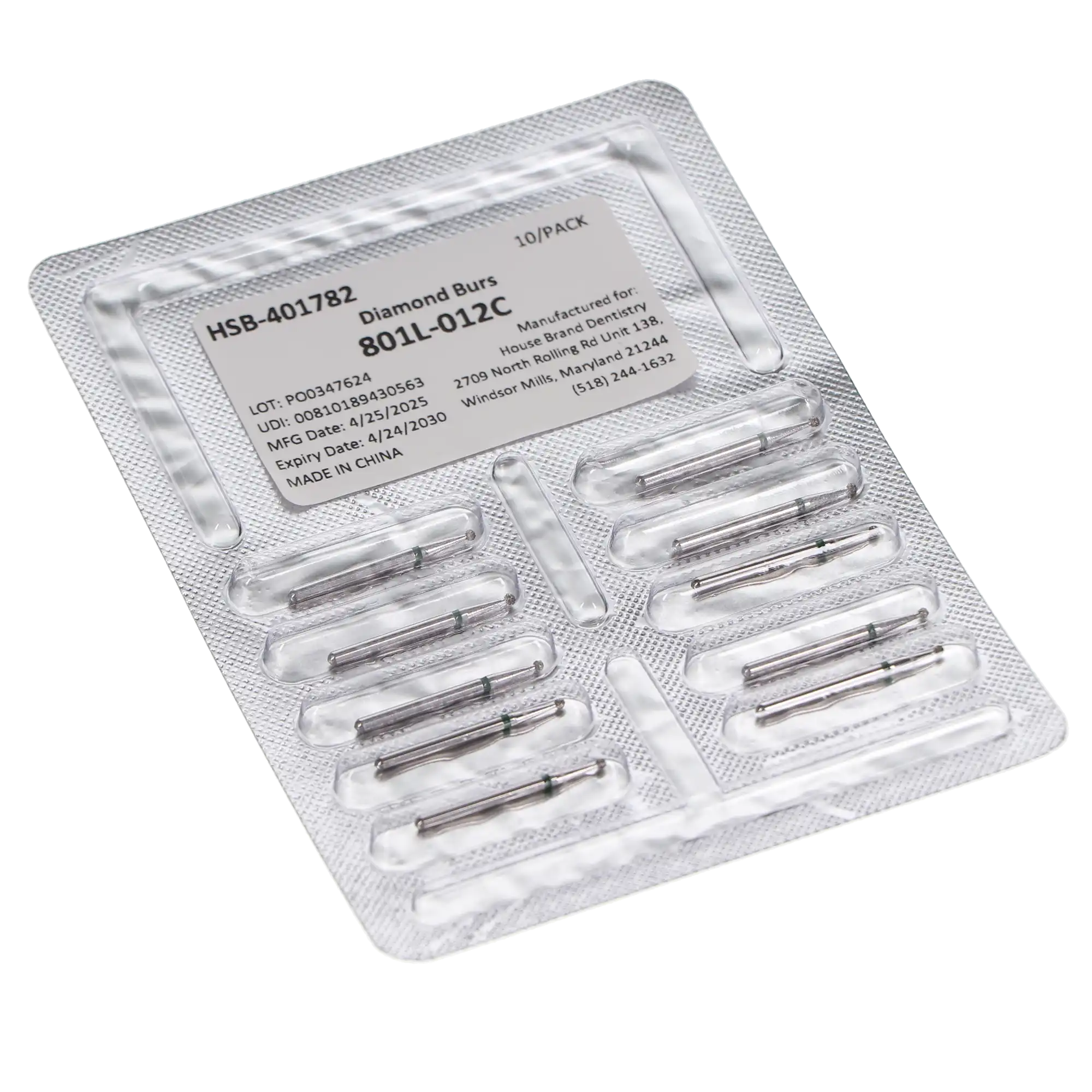 HSB House Brand Round Diamond Bur 801L-012C, Coarse Grit, 1.2mm Head, Long Surgical Length, 10/Pk, 401782 thumbnail 3