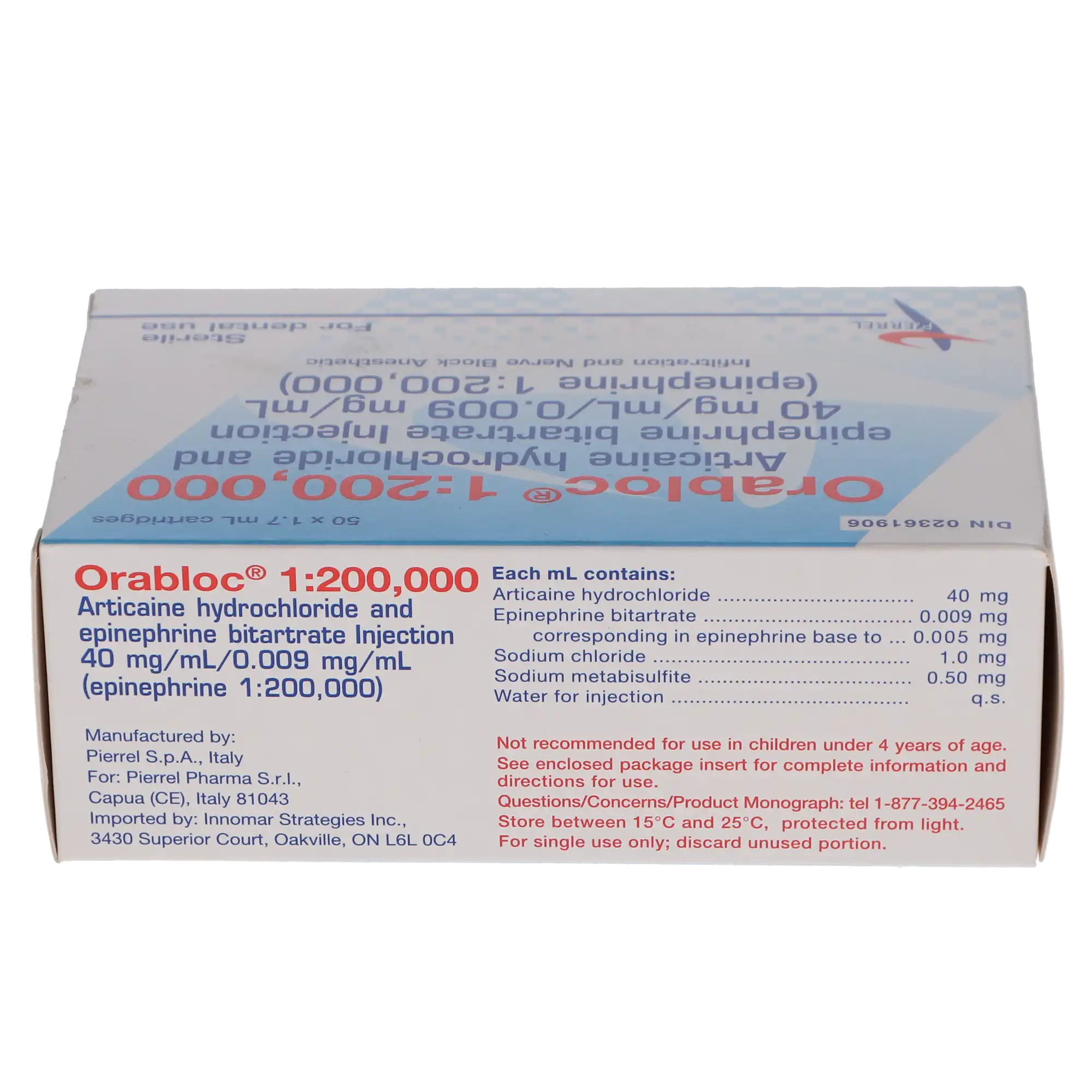 Orabloc Articaine HCl 4% with Epinephrine 1:200,000 Injection Cartridges, 1.7 mL, Blue, 50/Pk, 2101052 thumbnail 2