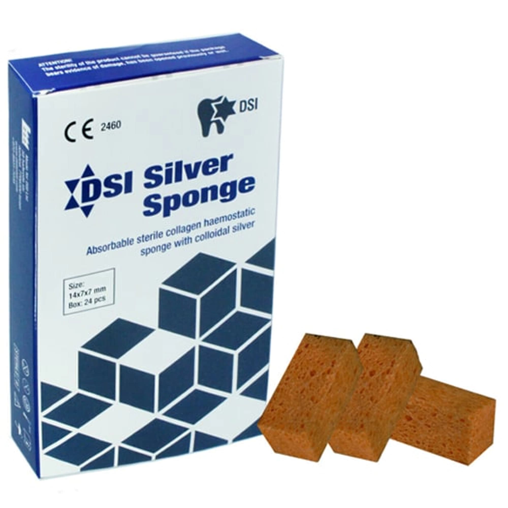 DSI Silver Sponge Absorbable Collagen Hemostatic Sponge, Sterile, Presaturated with Colloidal Silver, 14 x 7 x 7 mm, 24/Pack, DSPS-24 - Dsi Silver Sponge Absorbable Collagen Sterile 14X7X7Mm 24/pack Presaturated, DSPS-24 - Image 1