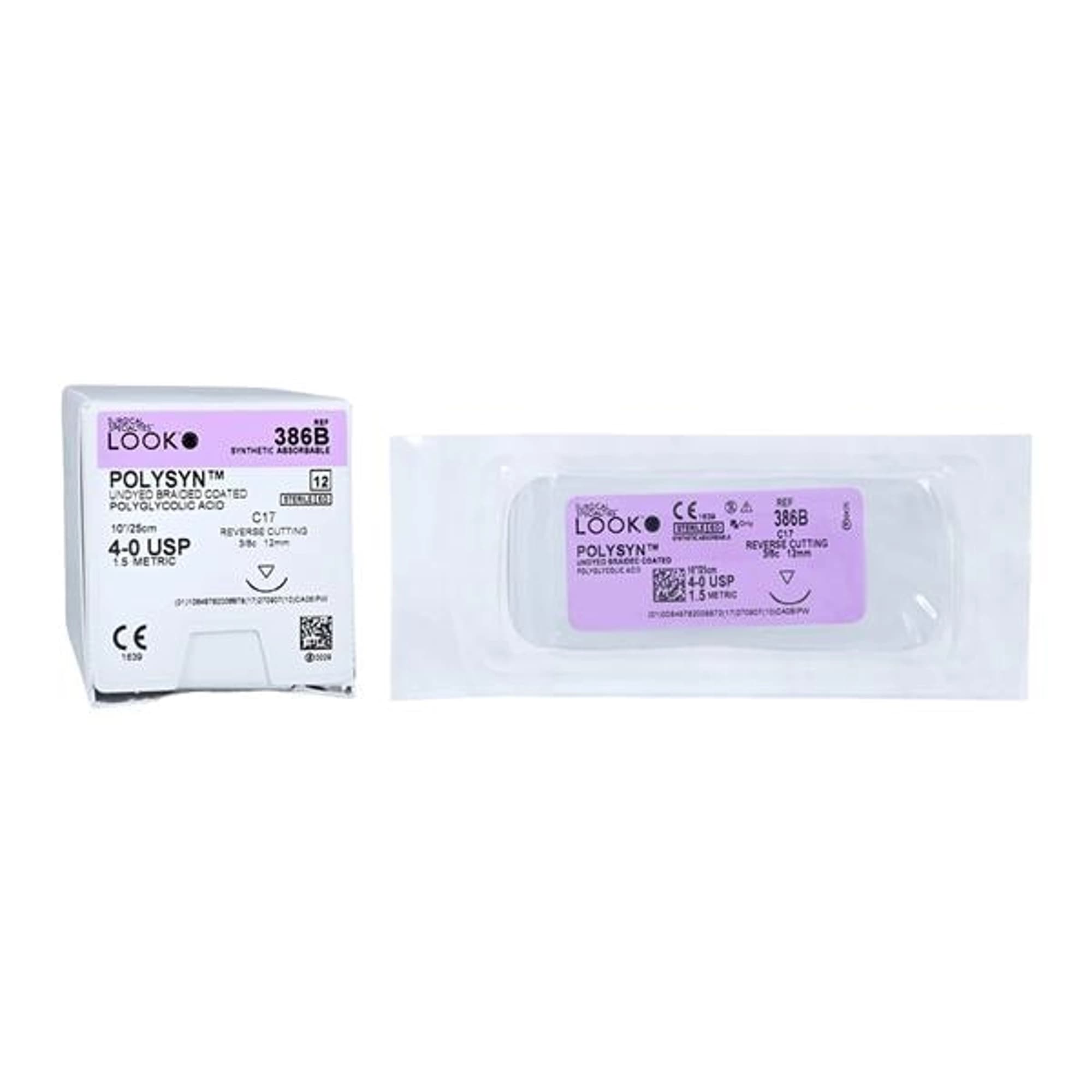 Look PolySyn PGA Absorbable Braided Suture, Undyed, 4-0, 10 in (25 cm), C-17 Reverse Cutting 12 mm 3/8 Circle Needle, 12/Box, 386B thumbnail 5