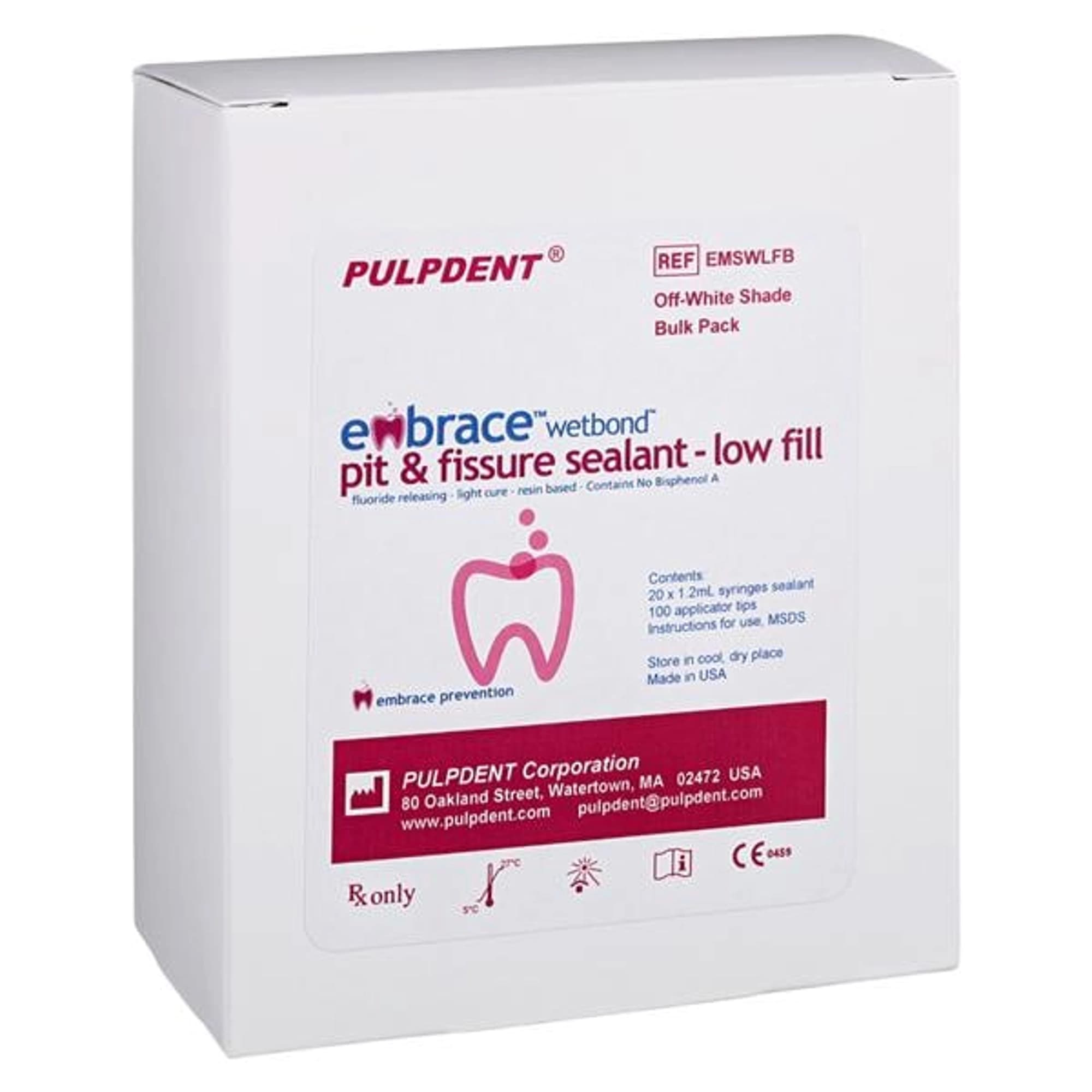 Pulpdent Embrace WetBond Pit & Fissure Sealant Low Fill Bulk Pack, Off-White, 20 x 1.2 mL Syringes, 100 Applicator Tips, EMSWLFB thumbnail 4