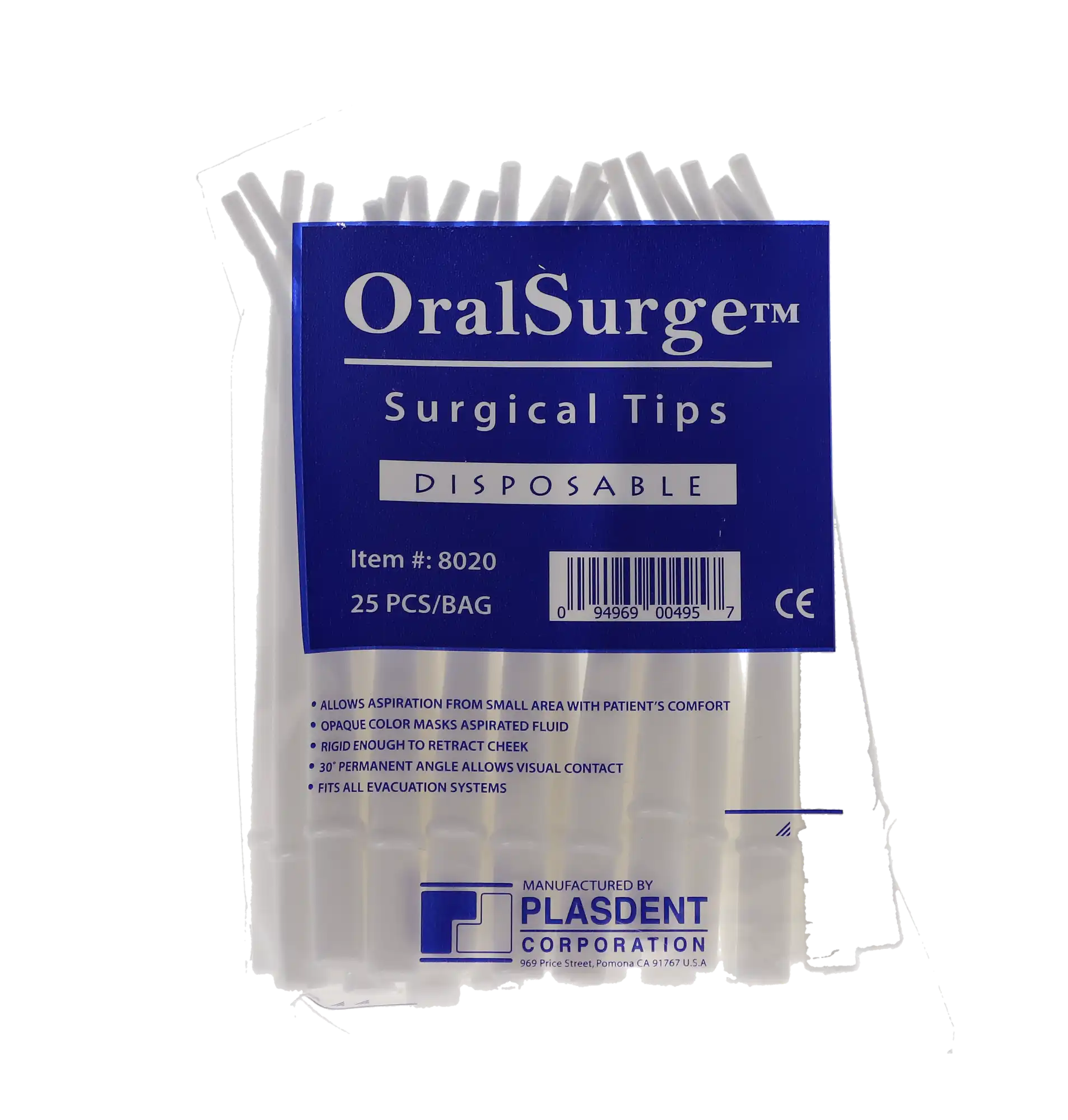 Plasdent OralSurge Disposable Surgical HVE Aspirator Tips, 30-Degree Angled, 1/8" Orifice, White, 25/Pk, 8020 thumbnail 6