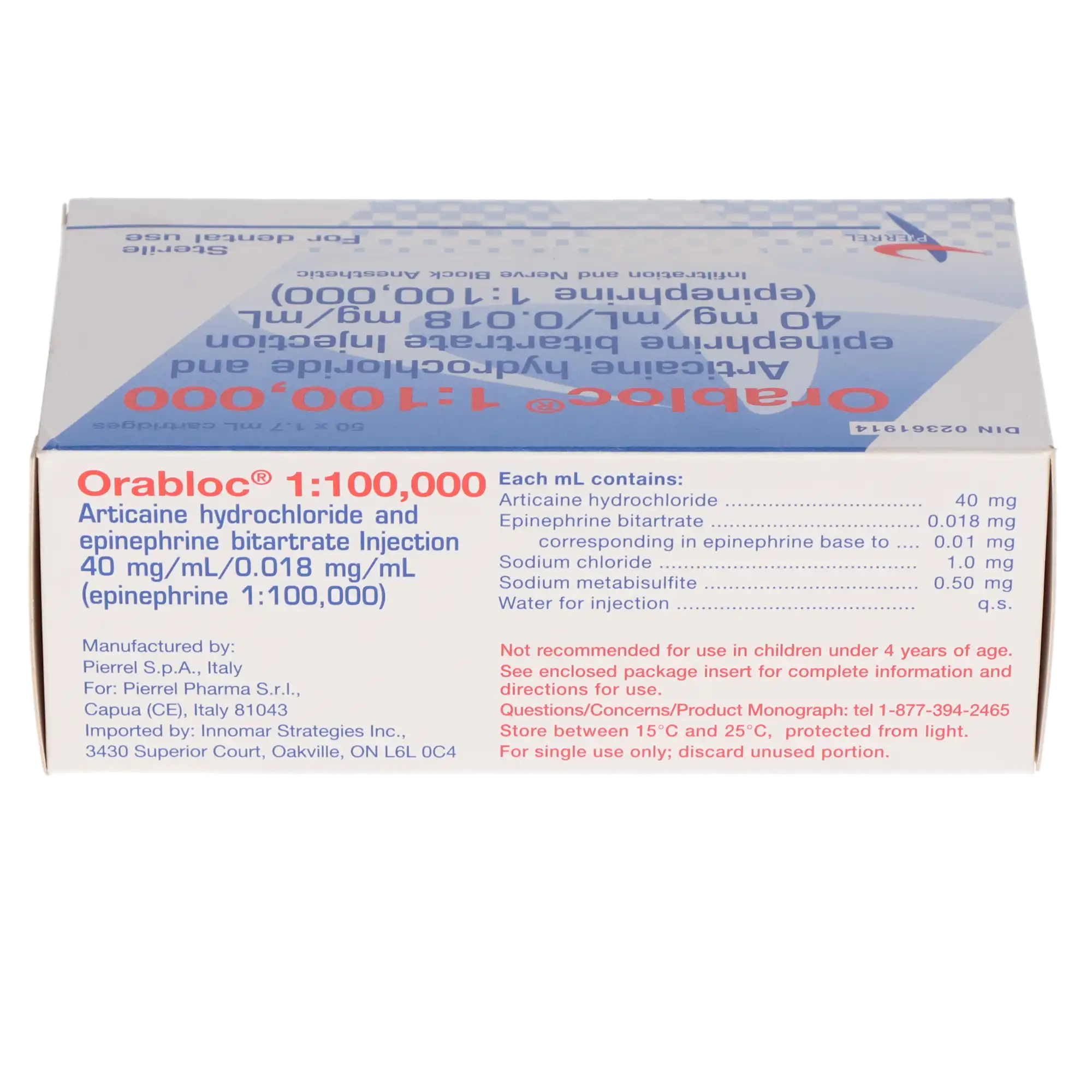 Orabloc Articaine HCl 4% with Epinephrine 1:100,000 Injection Cartridges, 1.7 mL, Red, 50/Pk thumbnail 3