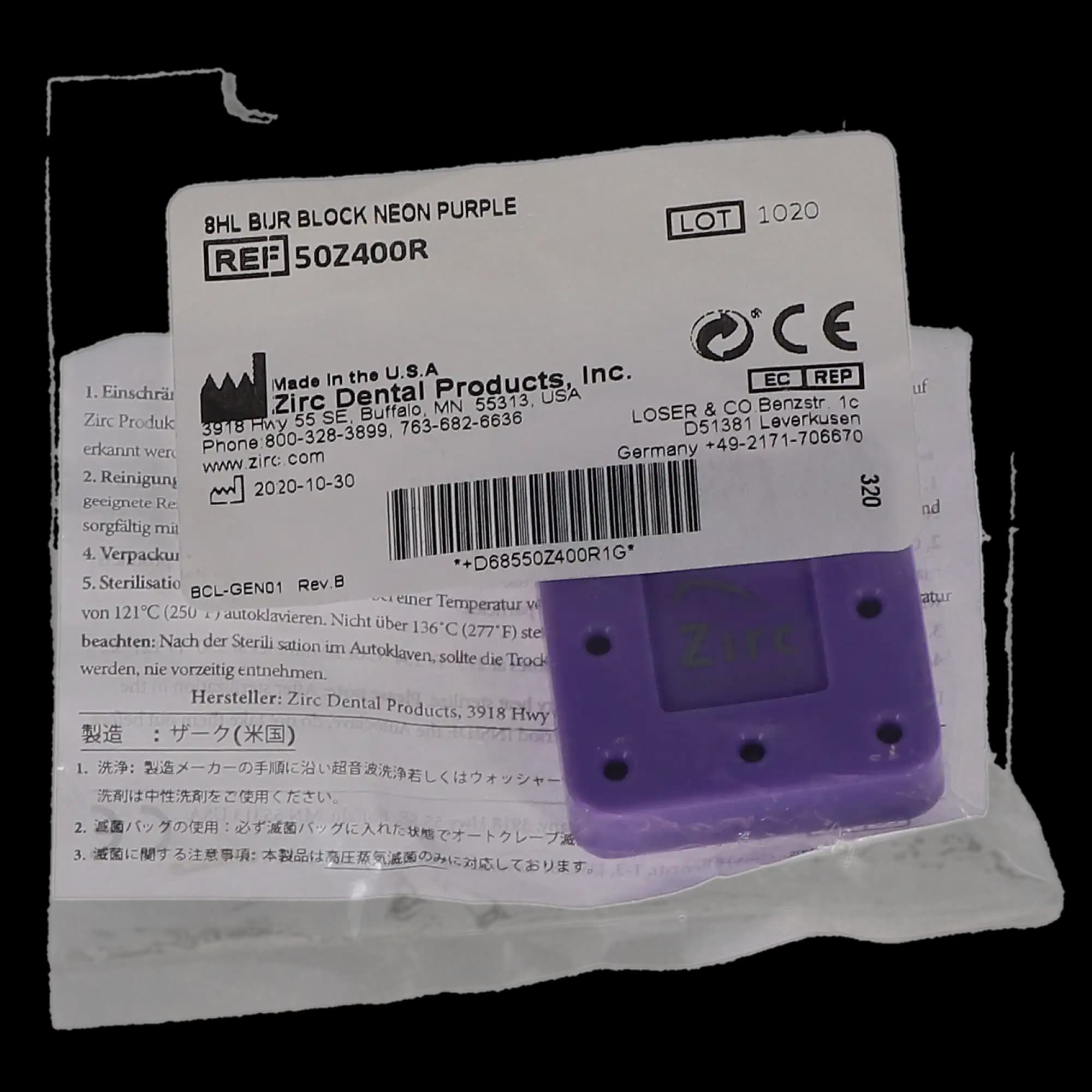 Zirc 8-Hole Magnetic Bur Block, Neon Purple, Fits FG/RA/HP Burs, Autoclavable, 1/Pk, 50Z400R thumbnail 8