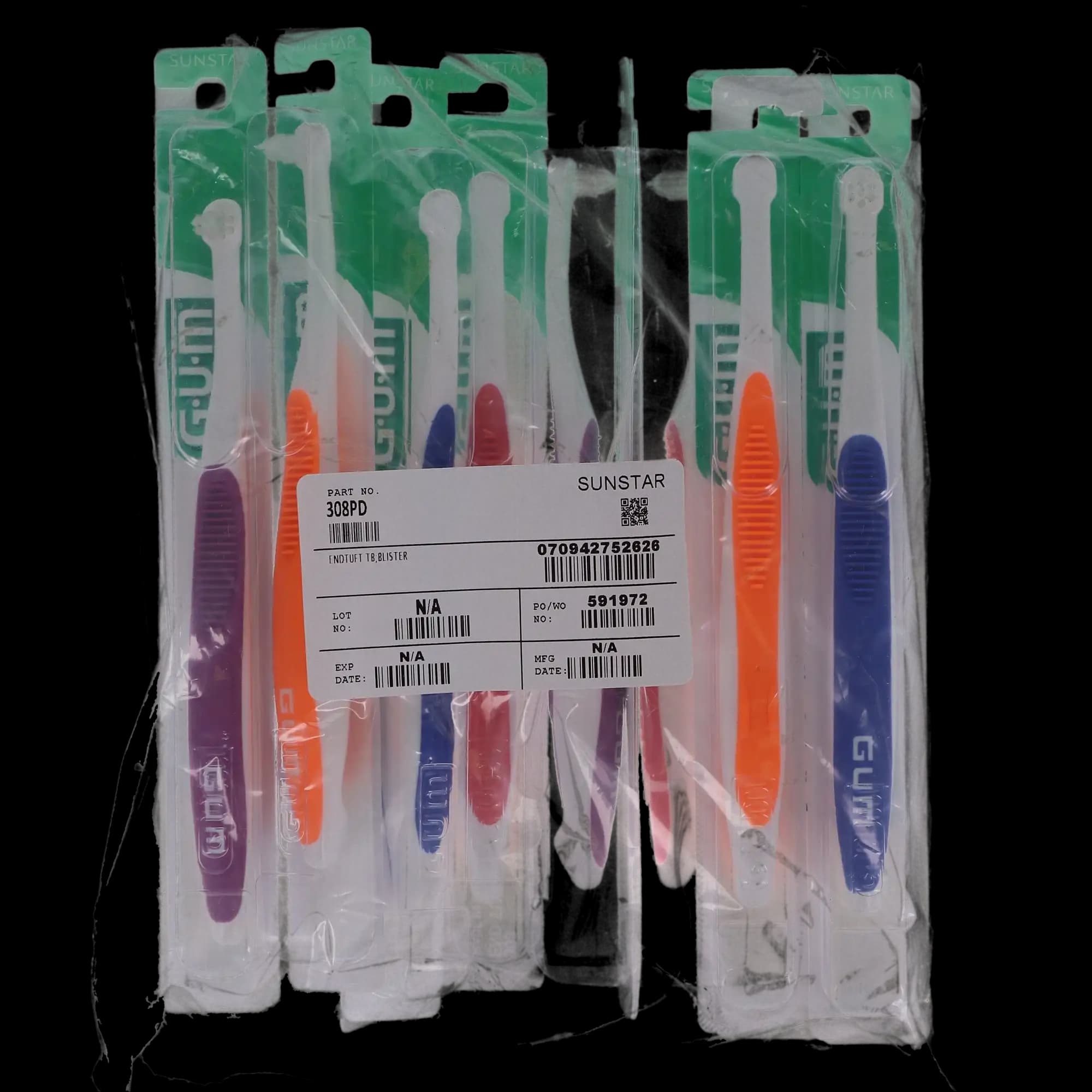 GUM End Tuft Toothbrush, Tapered Trim, Soft, 7 Tufts, 3 Rows, Small Head, Assorted Colors, 12/Box, 308PD thumbnail 10