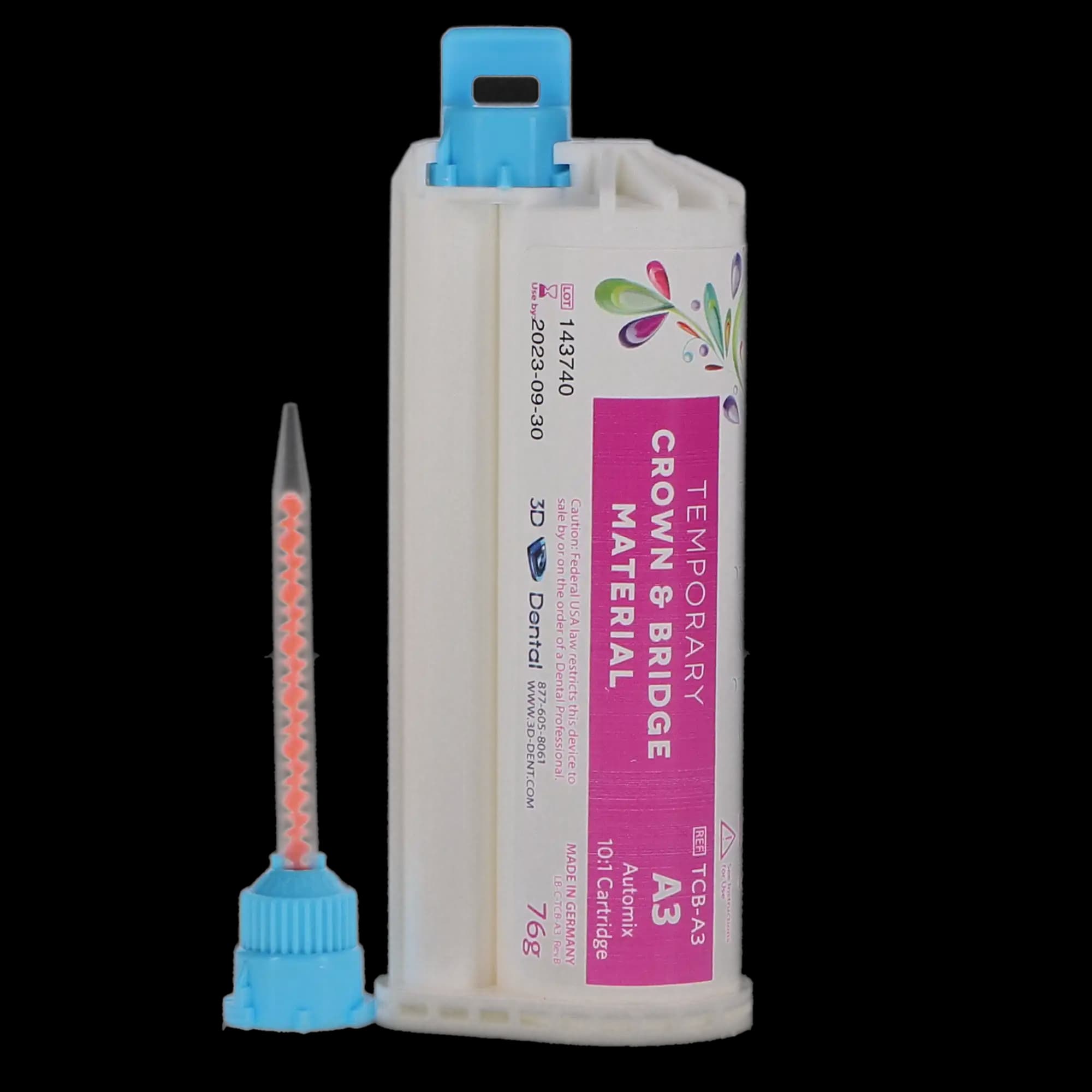 3D Dental Temporary Crown & Bridge Material, Bis-Acryl Composite, 10:1 Automix Cartridge, 76 g (50 mL), Shade A3, TCB-A3 thumbnail 5