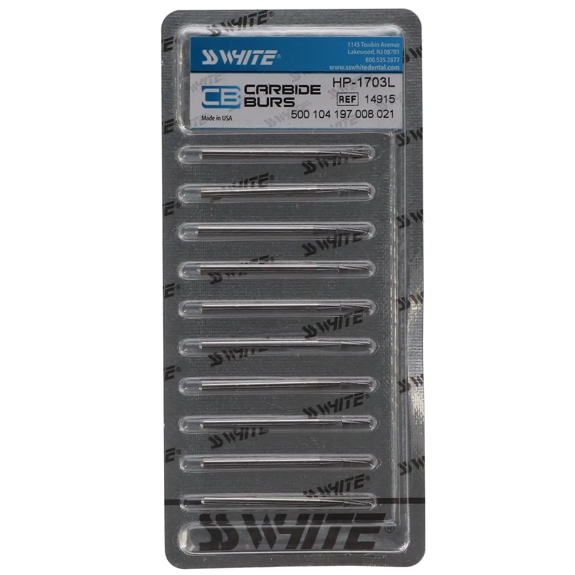SS White #1703L Carbide Bur, HP, Tapered Fissure Round End Crosscut, 2.1 mm Head Diameter, 7.8 mm Head Length, 10/Pk, 14915 thumbnail 5