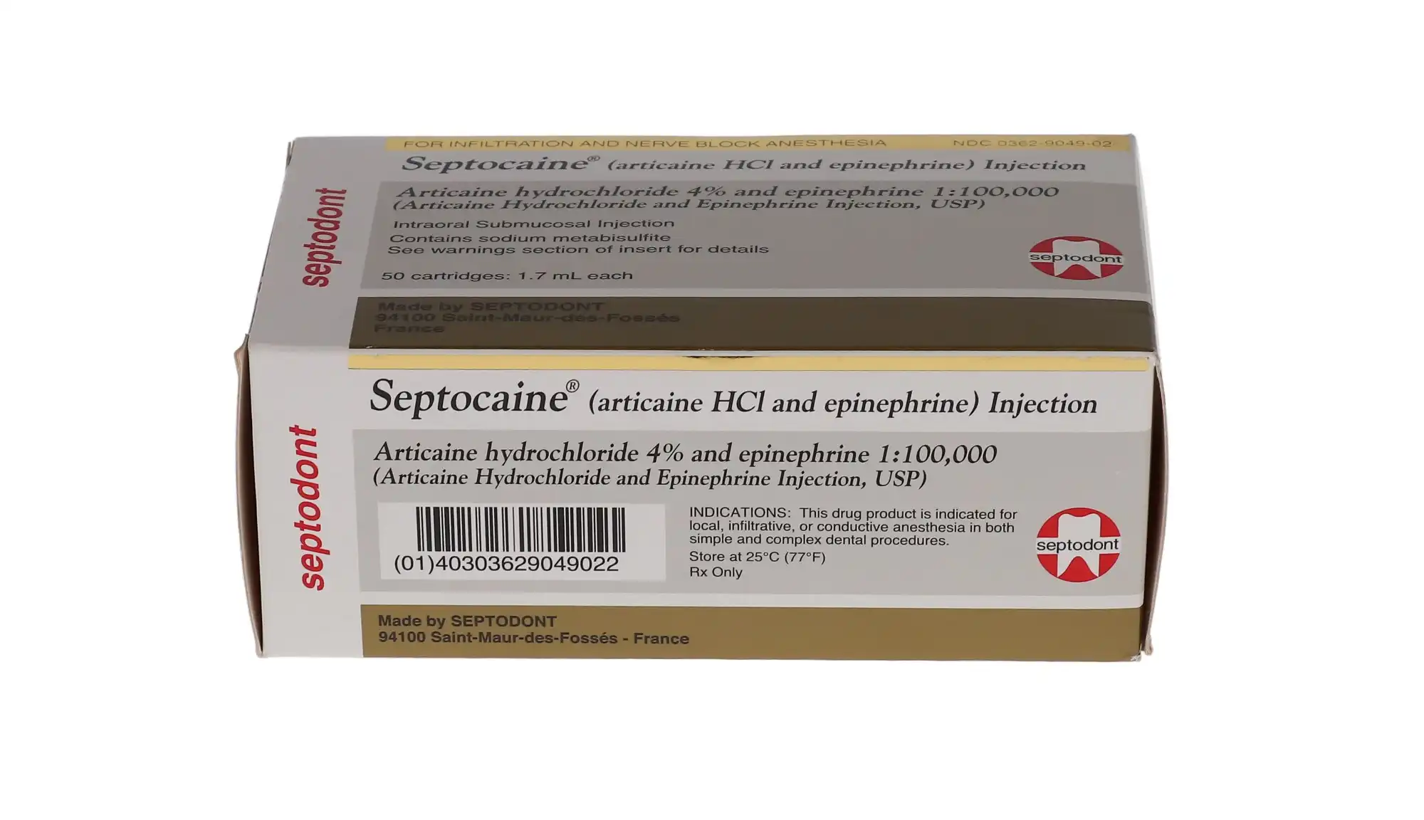 Septocaine Articaine HCl 4% with Epinephrine 1:100,000 Dental Anesthetic Cartridges, 1.7 mL, 50/Box, Gold Box, 01A1400 thumbnail 10