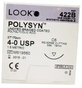 Look PolySyn Polyglycolic Acid Absorbable Suture, Undyed Braided, 4-0, 27", C-6 Reverse Cutting Needle, 3/8 Circle, 12/Box, 422B thumbnail 5
