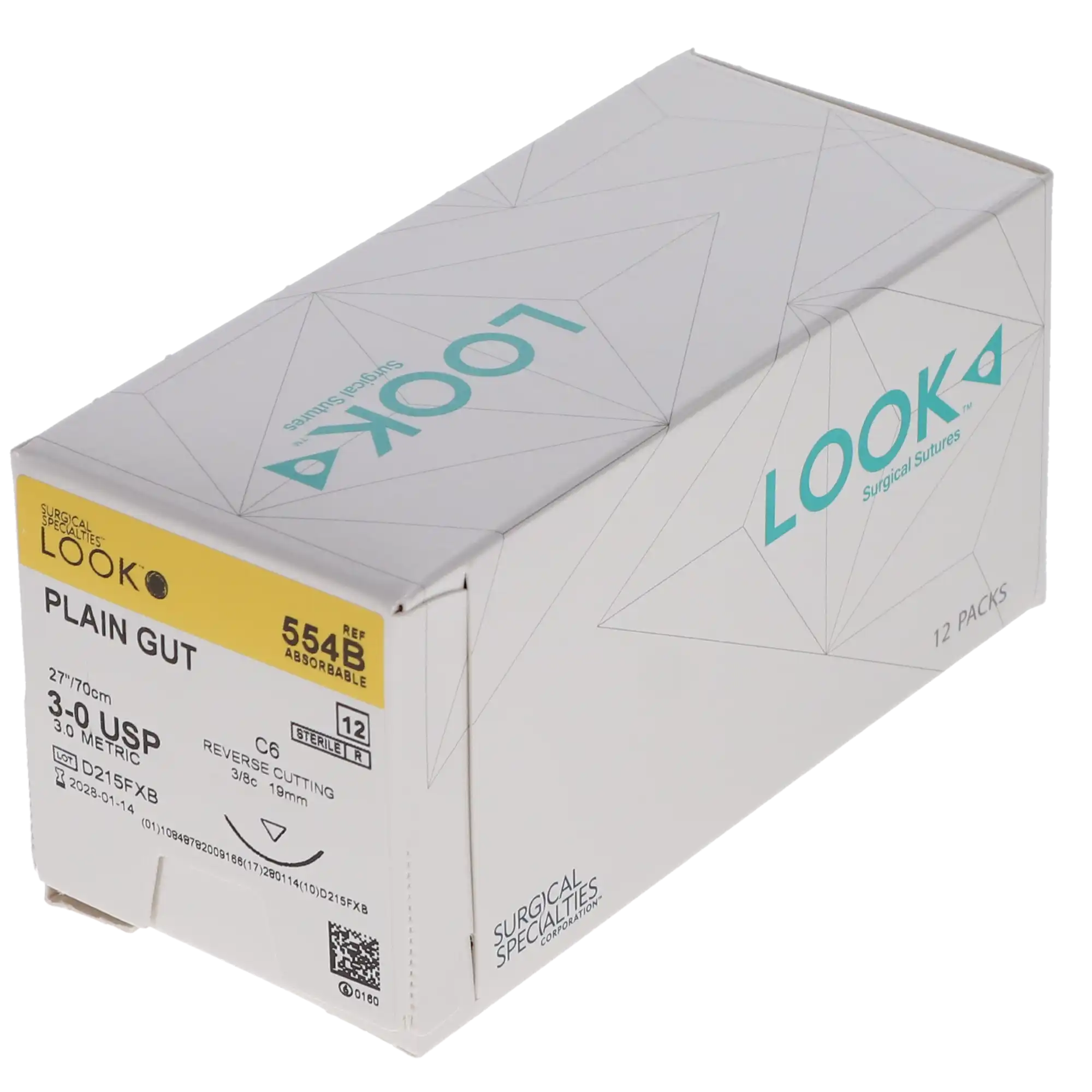 Look Plain Gut Suture, 3-0, 27" (70 cm), C-6 Reverse Cutting Needle, 3/8 Circle, 19 mm, Beige, 12/Box, 554B thumbnail 7