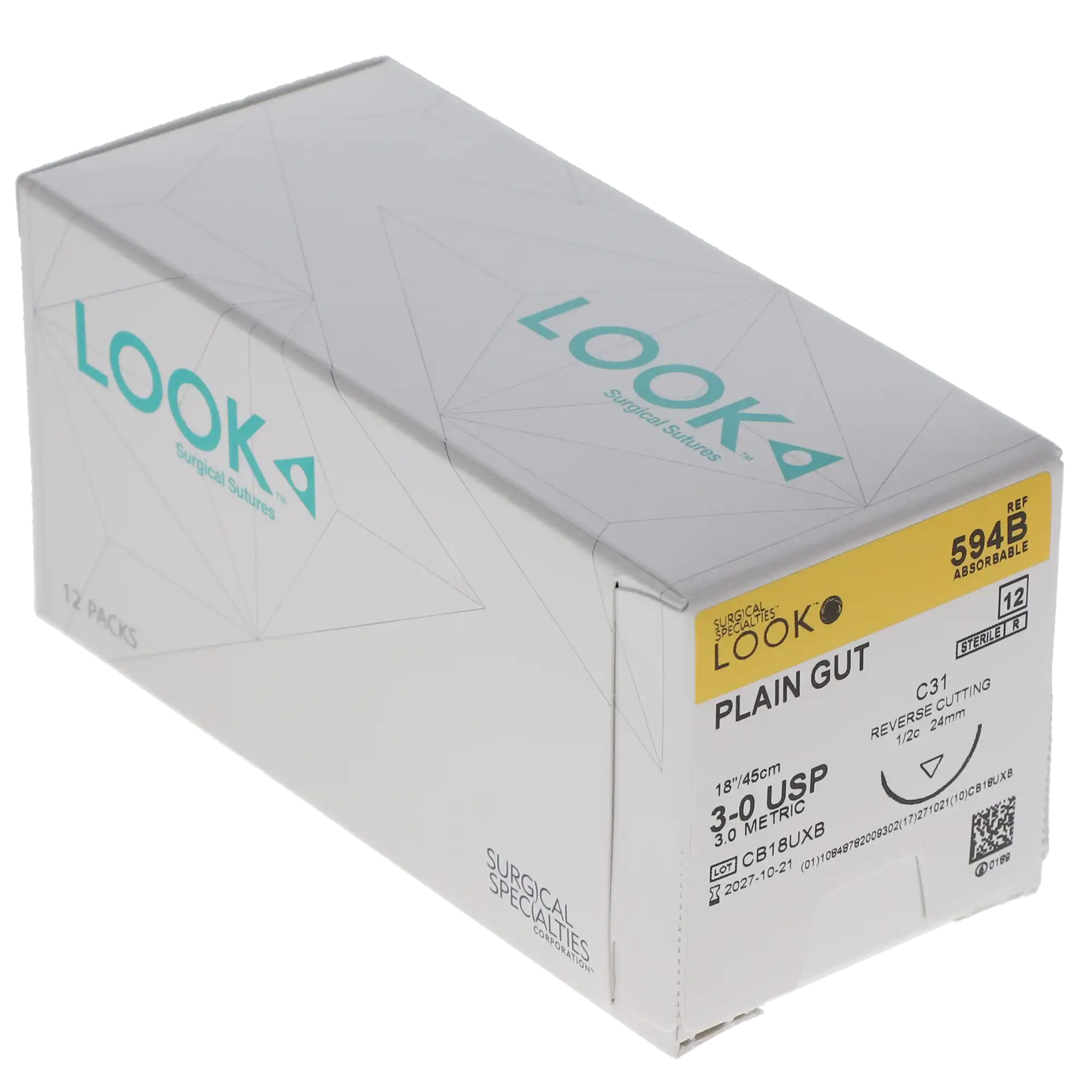 Look/Sharpoint Plain Gut Absorbable Suture, 3-0, 18", C-31 Reverse Cutting Needle, 1/2 Circle, 24mm, Beige, 12/Box, 594B thumbnail 7