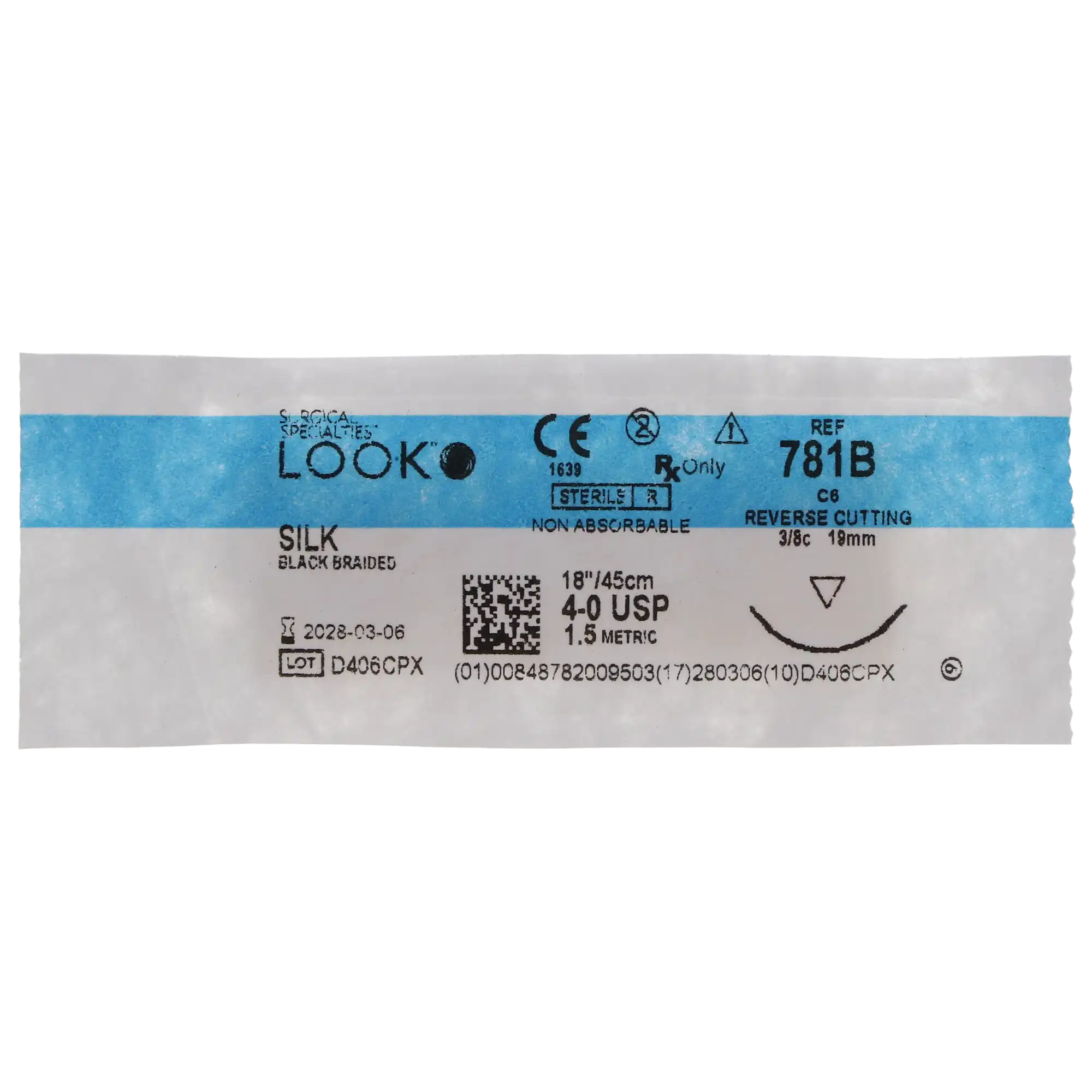 Look 781B Silk Black Braided Non-Absorbable Suture, 4-0, 18" (45 cm), C-6 Reverse Cutting Needle, 3/8 Circle, 19 mm, 12/Box thumbnail 7