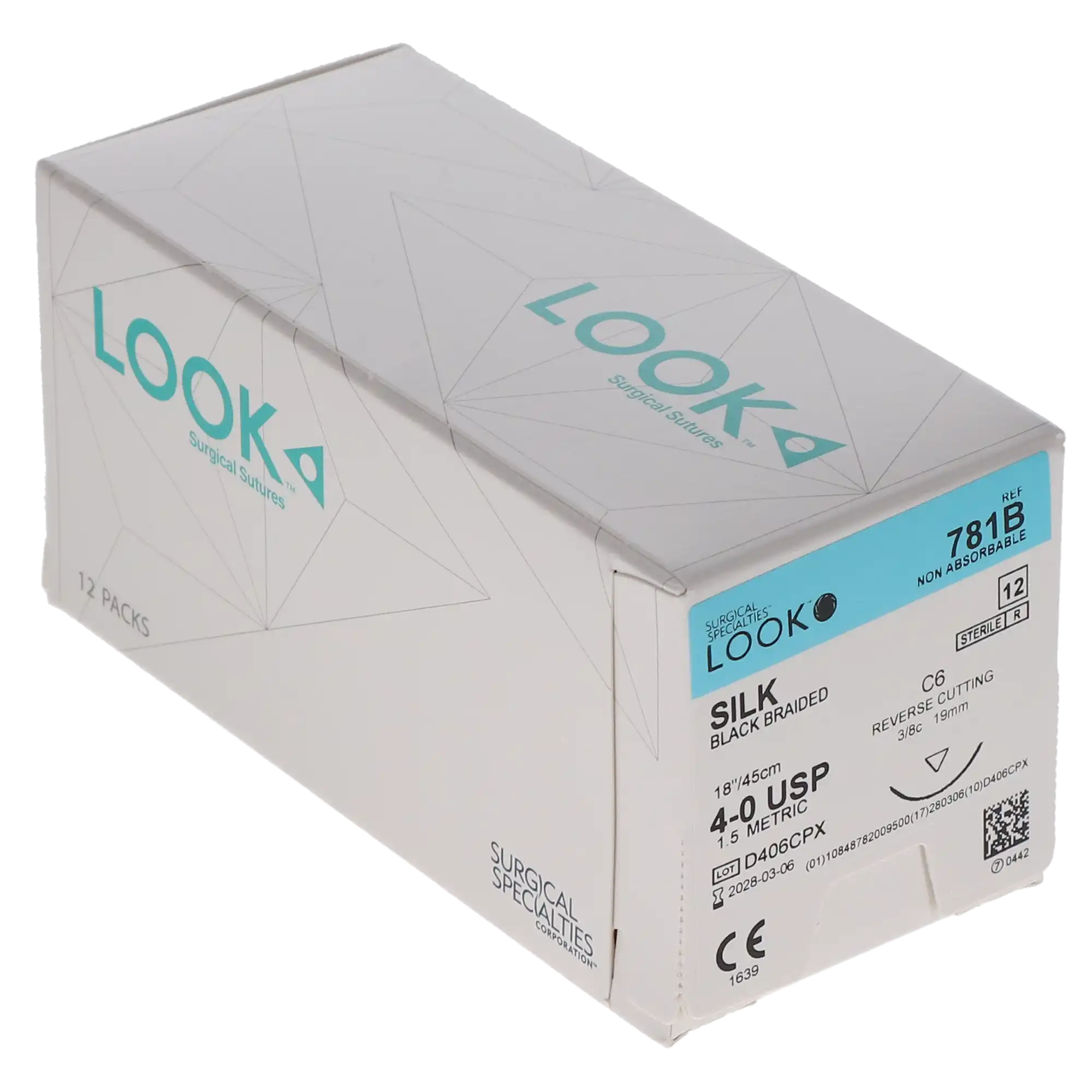 Look 781B Silk Black Braided Non-Absorbable Suture, 4-0, 18" (45 cm), C-6 Reverse Cutting Needle, 3/8 Circle, 19 mm, 12/Box thumbnail 8