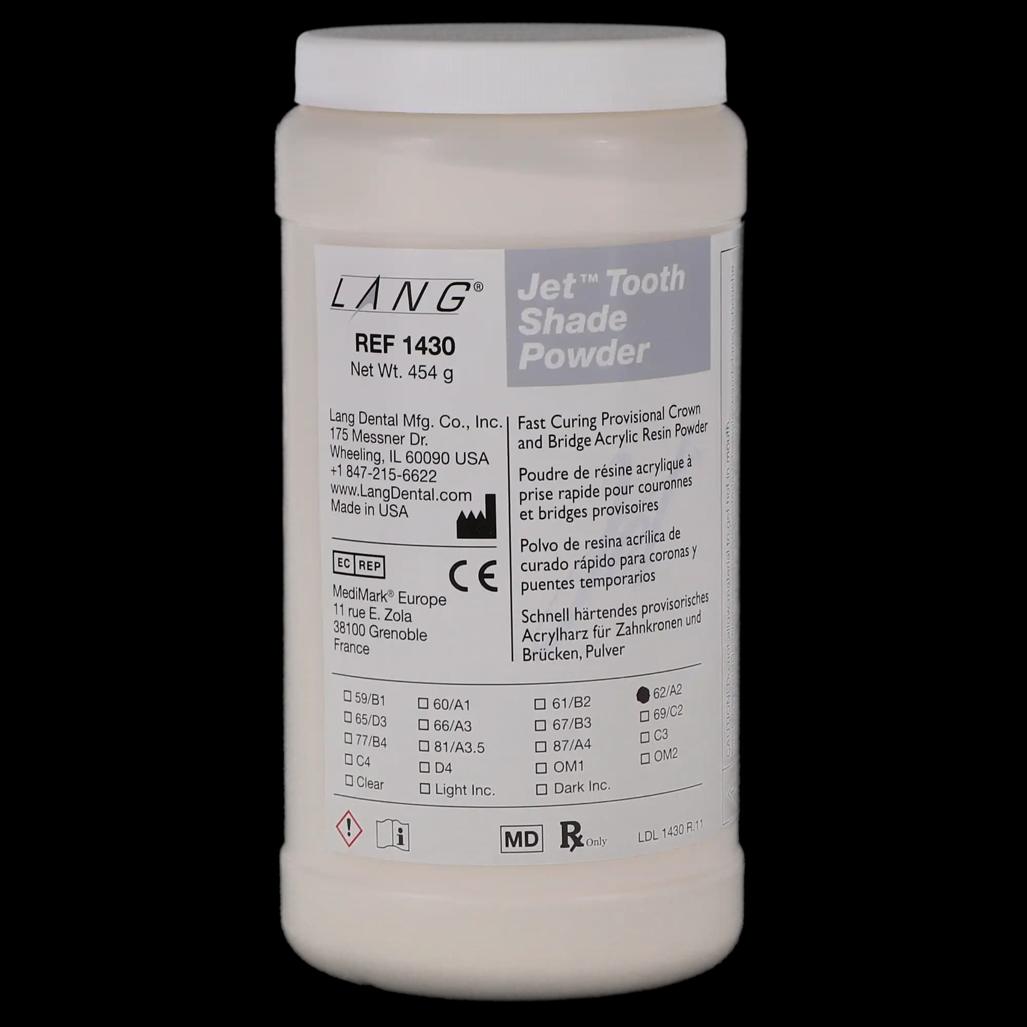Jet Tooth Shade Self-Curing Acrylic Resin Powder, Shade 62/A2, 16 oz (454 g), 1430-62 thumbnail 5