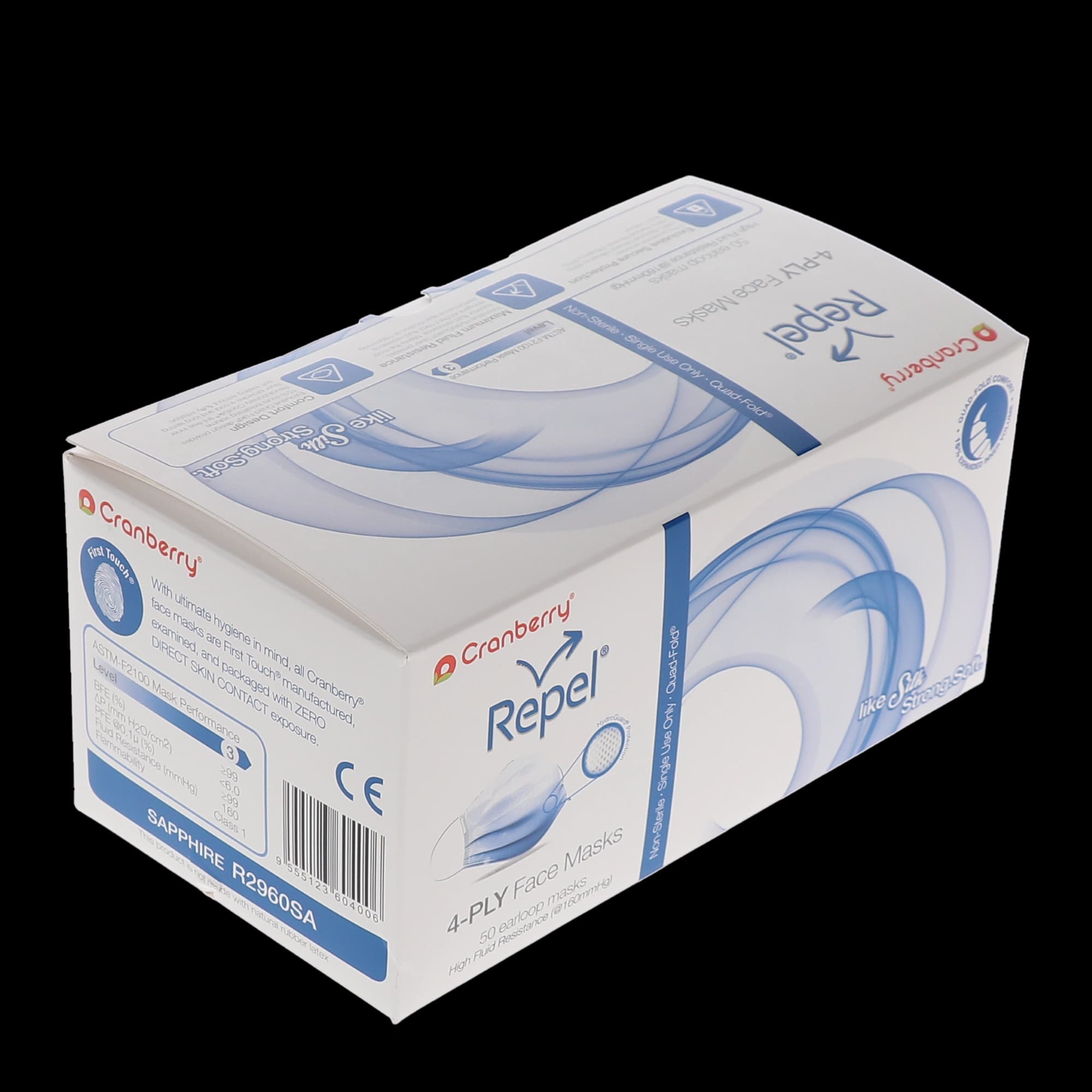 Cranberry Repel 4-Ply Procedure Face Mask, ASTM Level 3, Sapphire, Ear Loop, 50/Box, R2960SA thumbnail 13