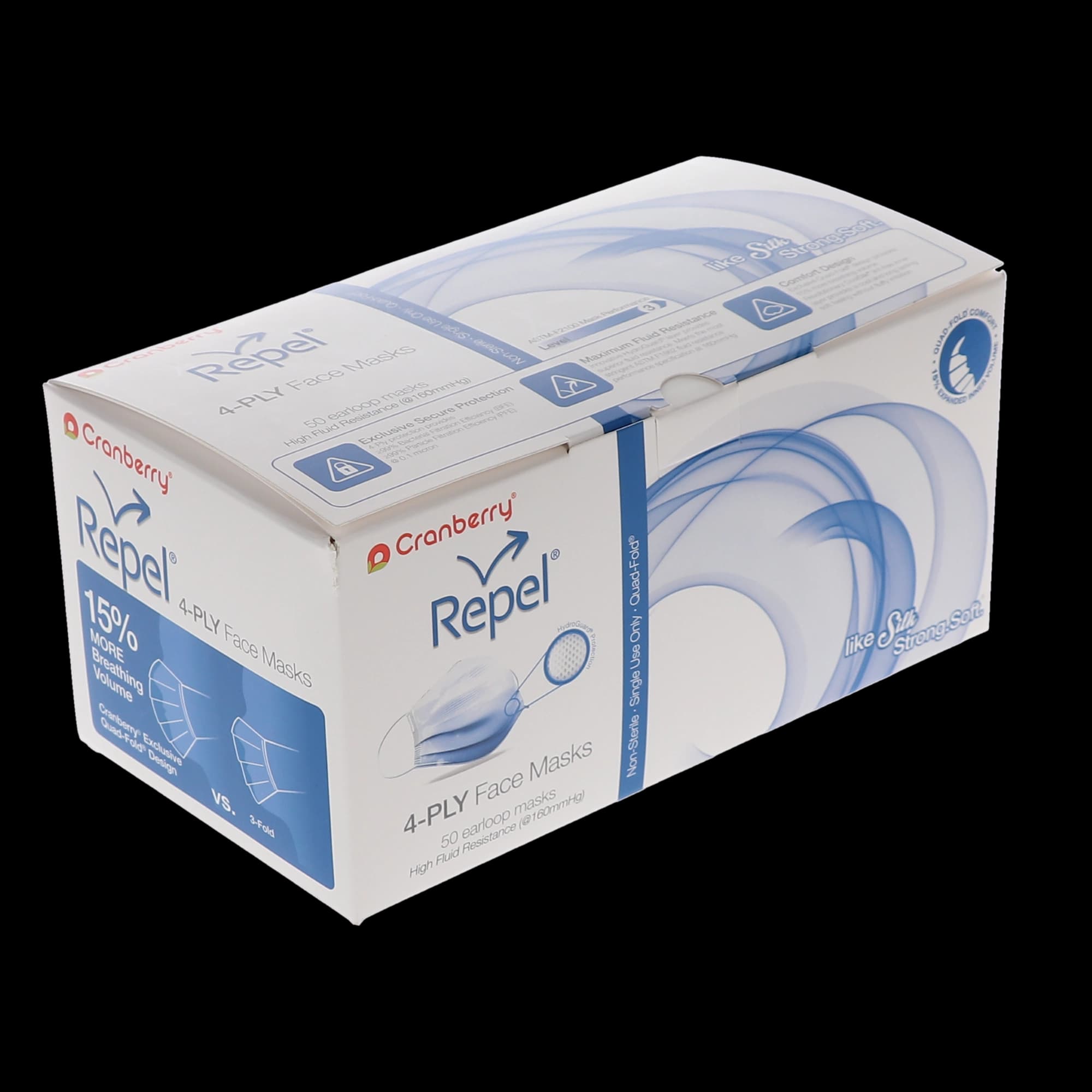 Cranberry Repel 4-Ply Procedure Face Mask, ASTM Level 3, Sapphire, Ear Loop, 50/Box, R2960SA thumbnail 14