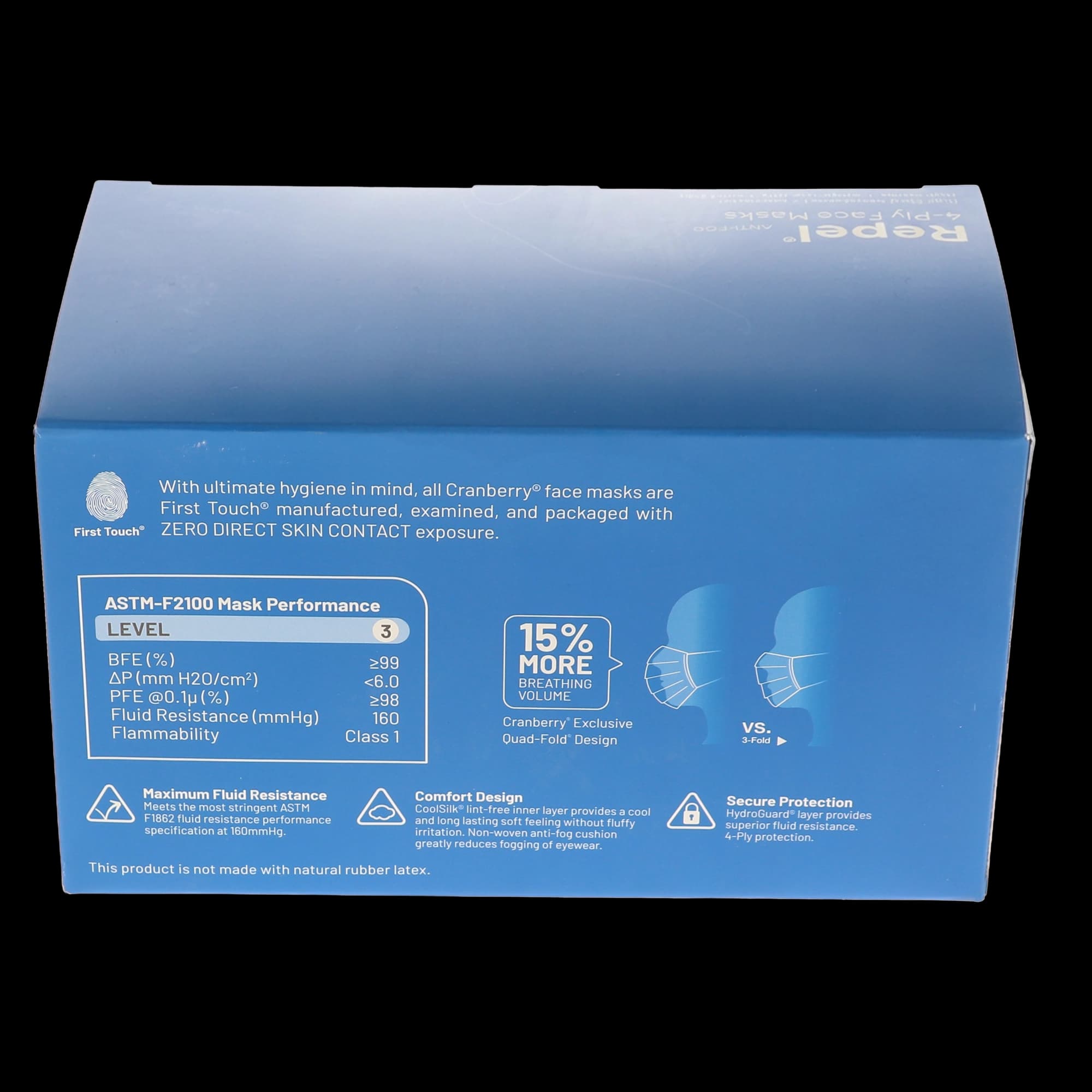 Cranberry Repel 4-Ply Anti-Fog Earloop Face Mask, ASTM Level 3, Sapphire, 50/Box, R2970SA thumbnail 12