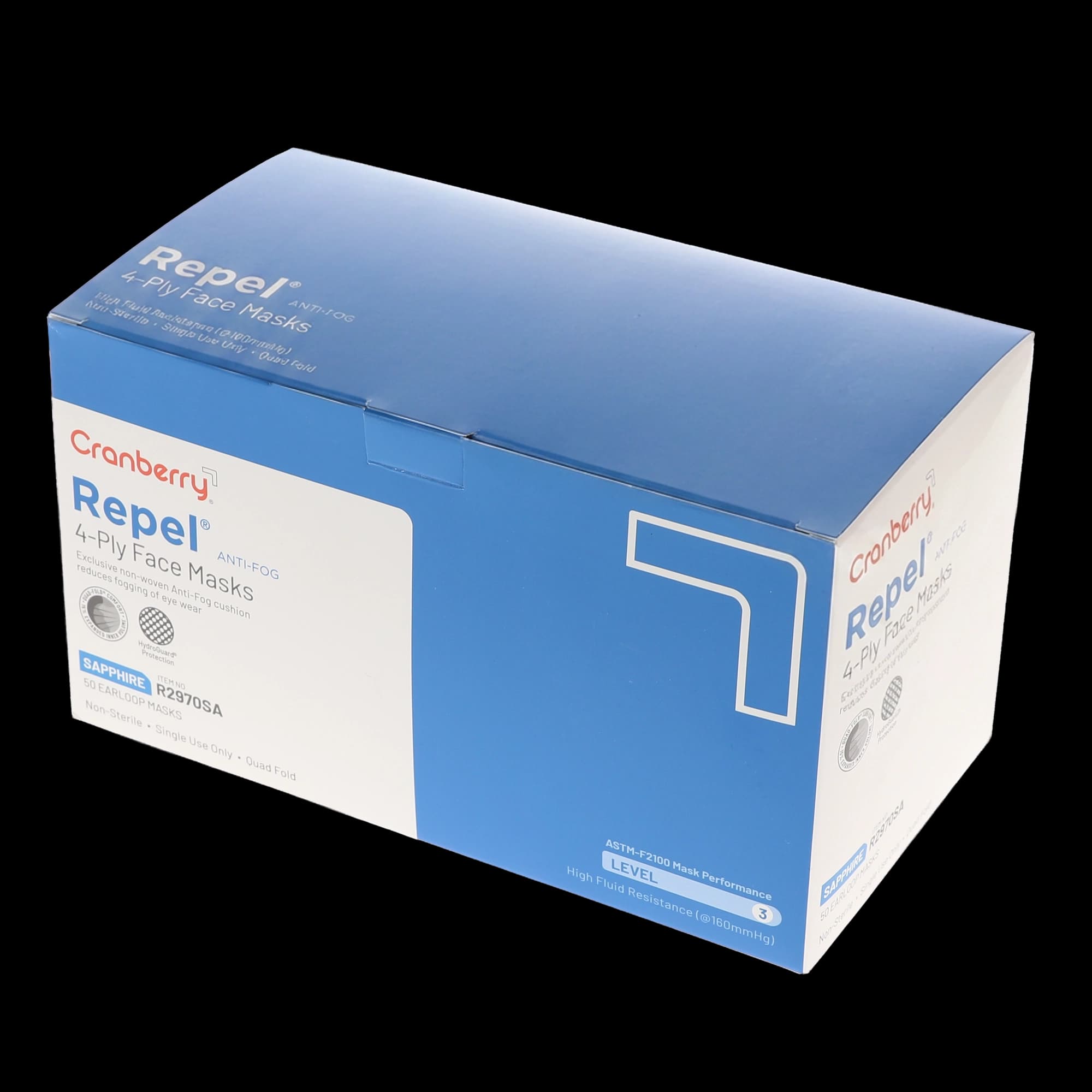 Cranberry Repel 4-Ply Anti-Fog Earloop Face Mask, ASTM Level 3, Sapphire, 50/Box, R2970SA thumbnail 13