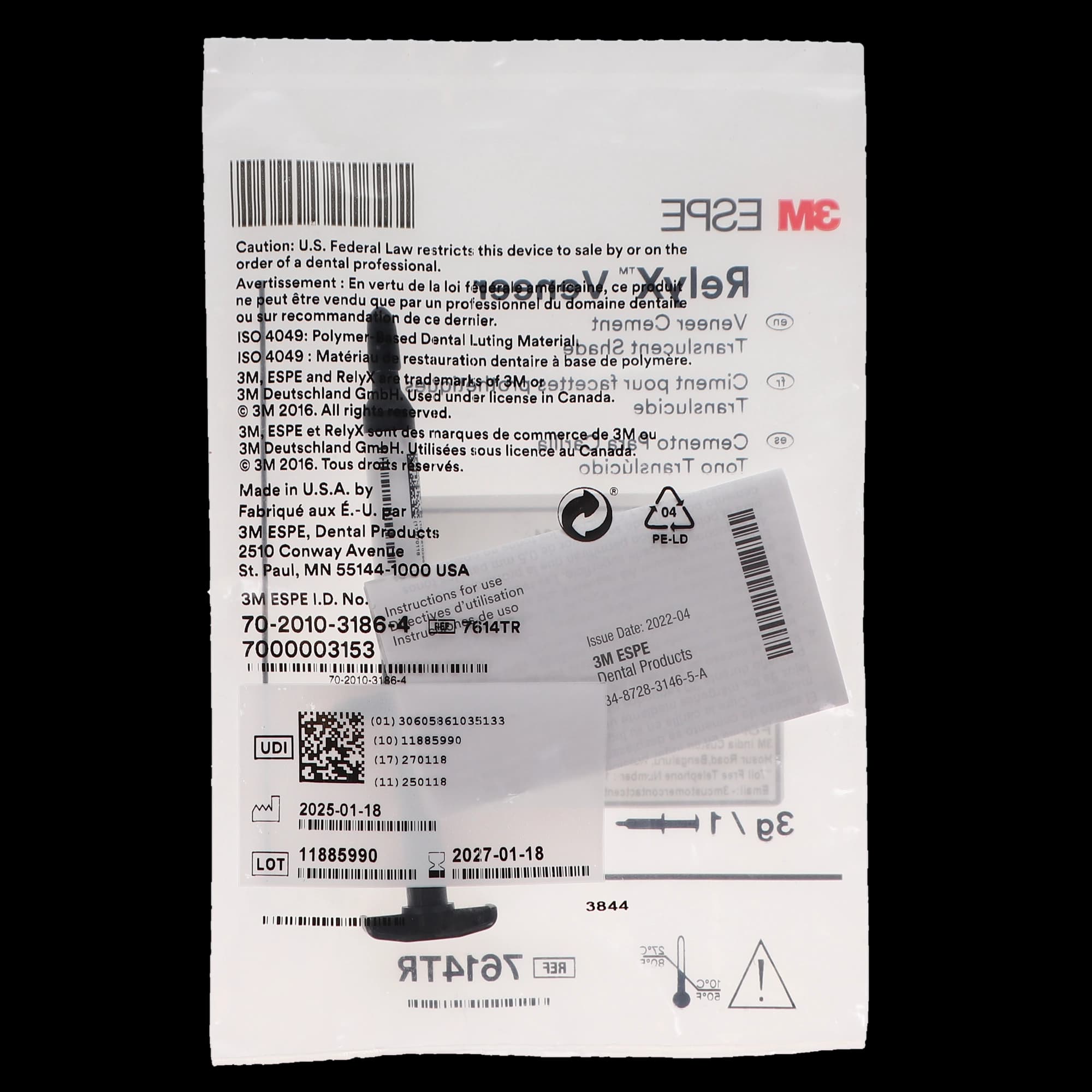 3M RelyX Veneer Cement, Translucent, Light-Cure Resin Cement Syringe Refill, 3 g, 7614TR thumbnail 9