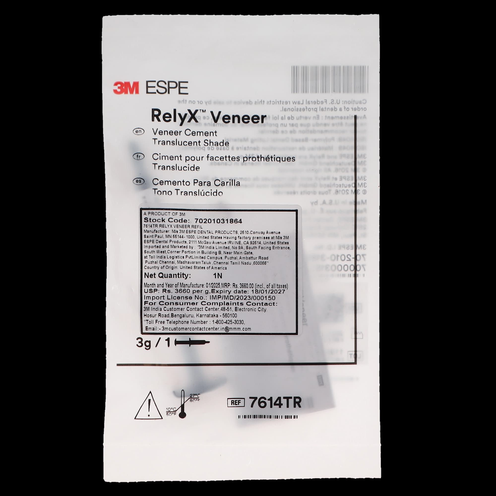 3M RelyX Veneer Cement, Translucent, Light-Cure Resin Cement Syringe Refill, 3 g, 7614TR thumbnail 10