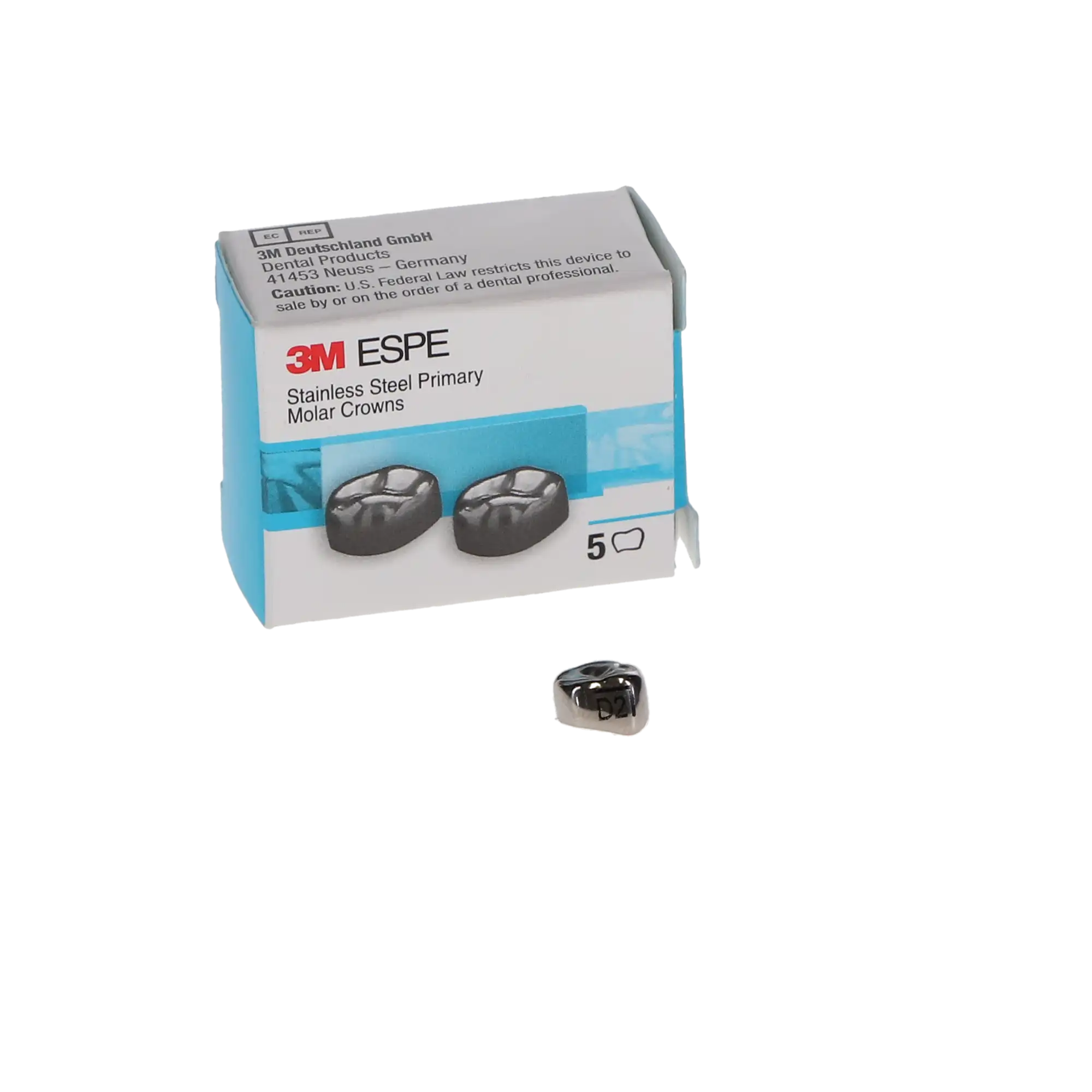3M™ ESPE™ Stainless Steel Primary Molar Crown, Size 2, Lower Right First Primary Molar, D-LR-2, Box of 5 - 3M™ ESPE™ SS Crowns Size DLR2 1st Primary Molar Box of 5 - Image 1