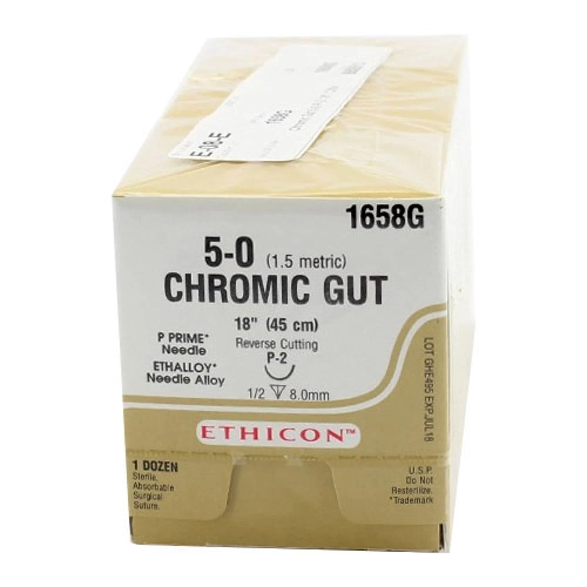 Ethicon Chromic Gut Suture, 5-0, 18", P-2 Precision Point Reverse Cutting Needle, 12/Box, 1658G thumbnail 4