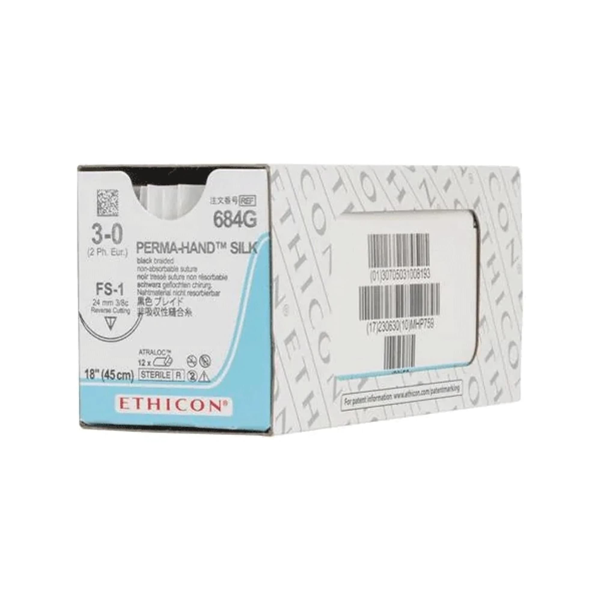 Ethicon Perma-Hand Braided Silk Non-Absorbable Sutures, 3-0, 18", FS-1 Reverse Cutting Needle, 3/8 Circle, Black, 12/Box, 684G thumbnail 4