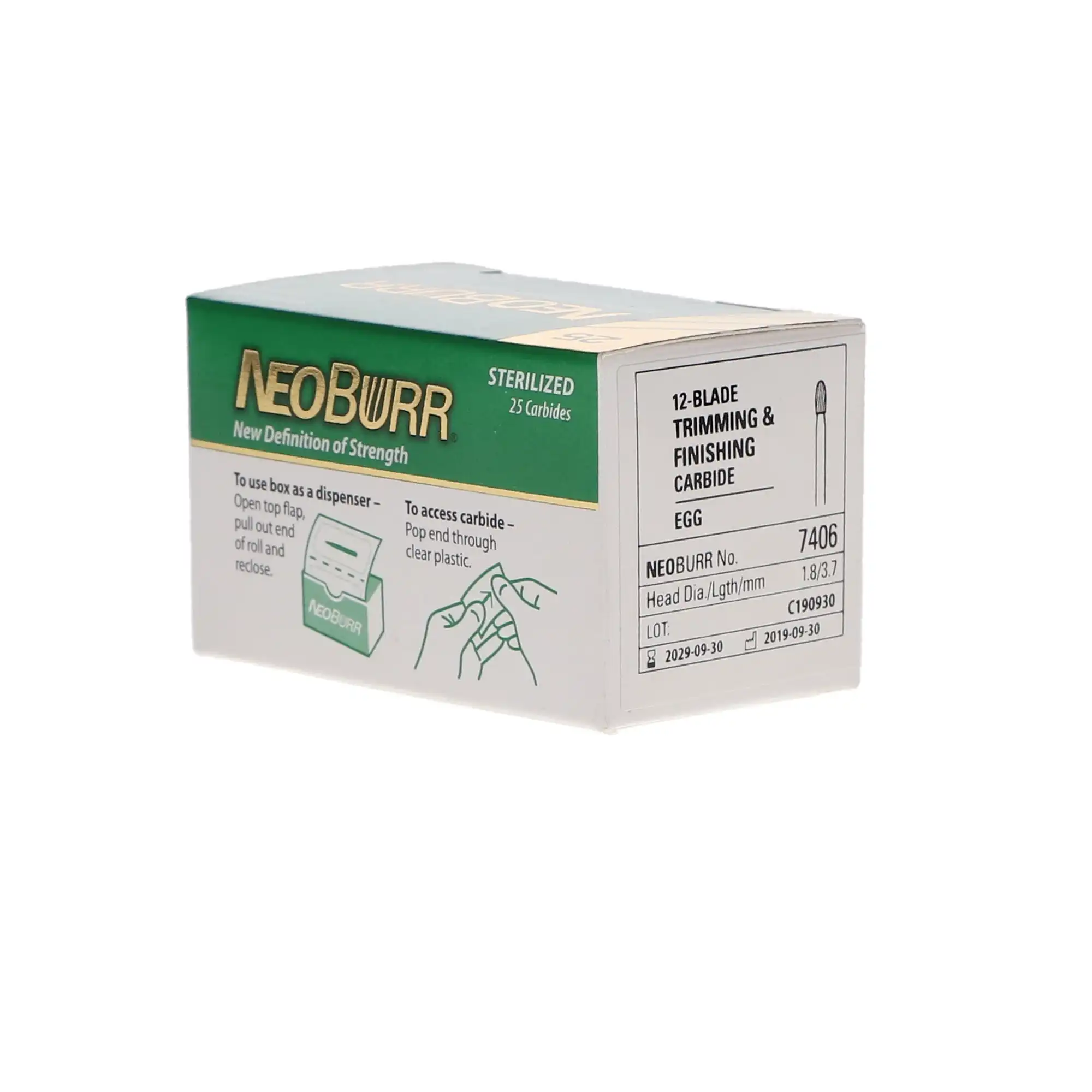 NeoBurr 12-Blade Trimming & Finishing Carbide Single-Use Burs, FG, Egg, 7406, 1.8 mm, 25/Pk thumbnail 4