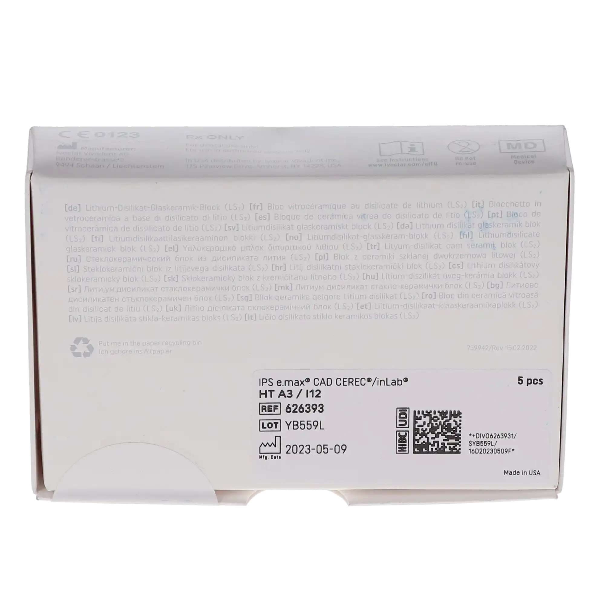 IPS e.max CAD Lithium Disilicate CAD/CAM Block, High Translucency, I12, A3, 5/Pk, 626393 thumbnail 2