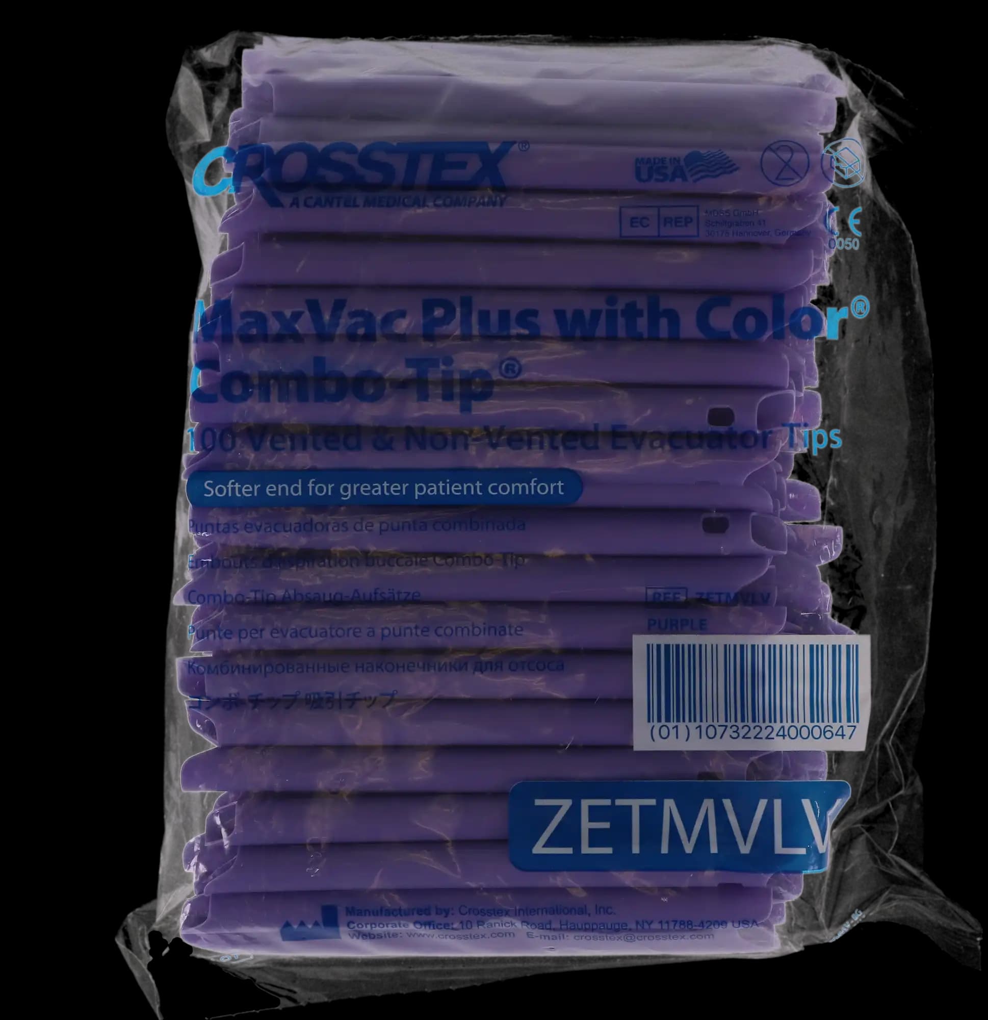 Crosstex MaxVac Plus Combo-Tip High-Volume Evacuator Tips, Vented/Non-Vented, Purple, 100/Pk, ZETMVLV thumbnail 5
