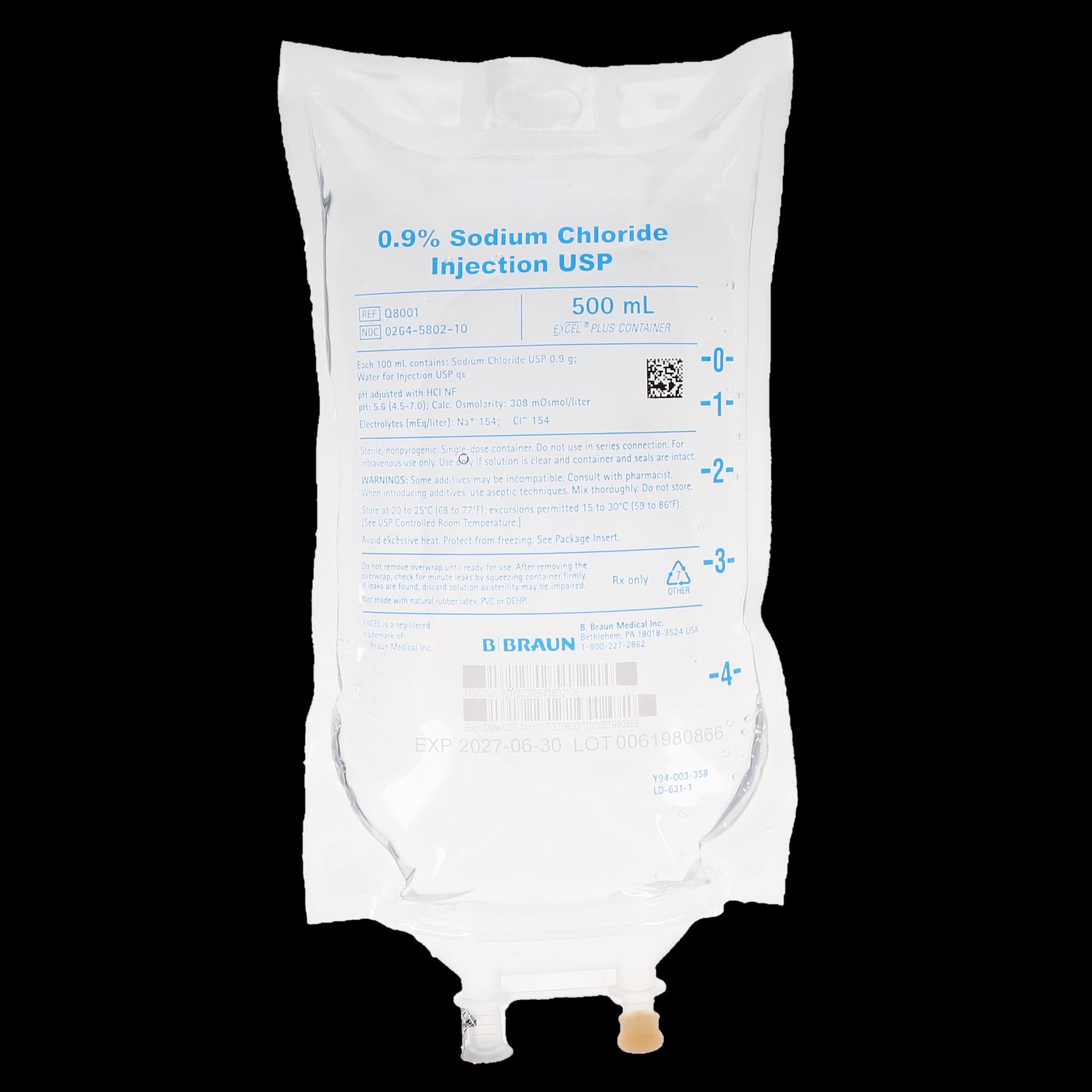 B. Braun 0.9% Sodium Chloride Injection USP, 500 mL, EXCEL Plus PVC-Free IV Bag, Q8001 - 0.9% Sodium Chloride Injection, USP, 500 ml, 1/Pk, Q8001 - Image 1