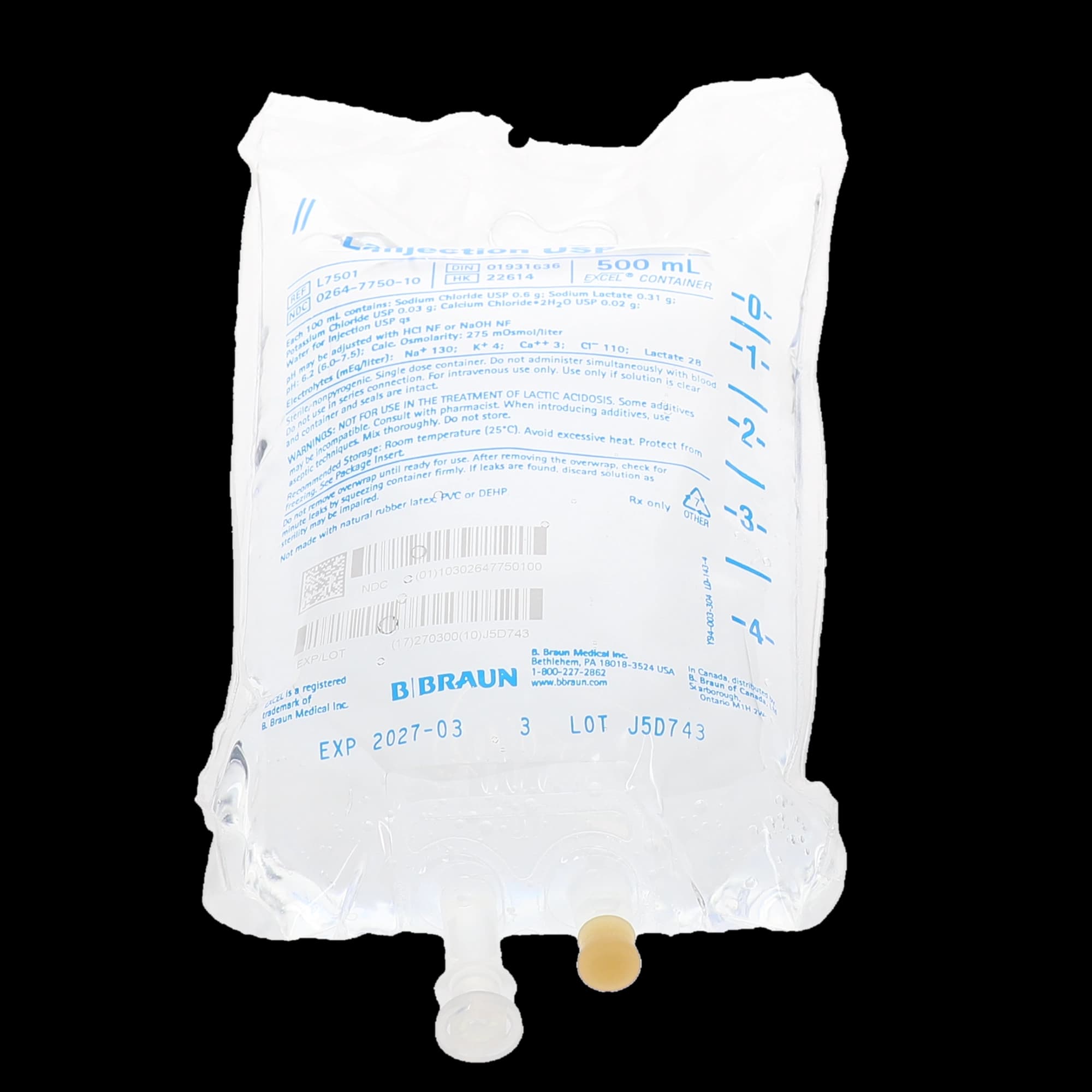 B. Braun Lactated Ringer's Injection USP, 500 mL Plastic Bag, L7501 thumbnail 4