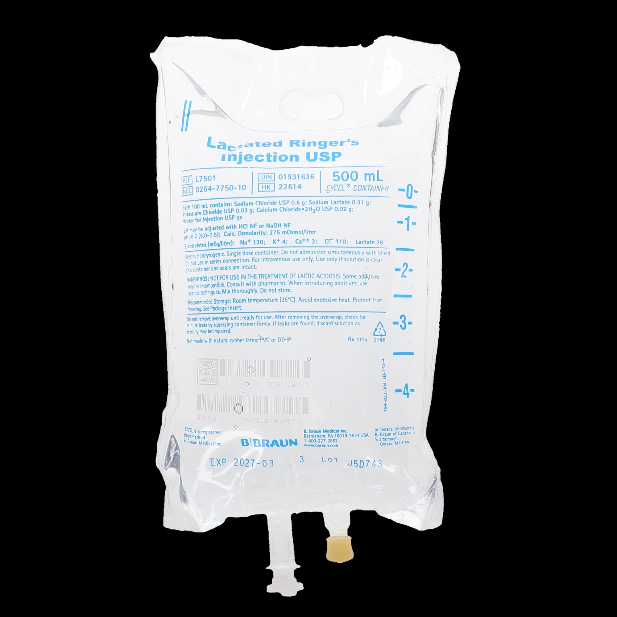 B. Braun Lactated Ringer's Injection USP, 500 mL Plastic Bag, L7501 - Lactated Ringer's Injections USP 500ml - Image 1