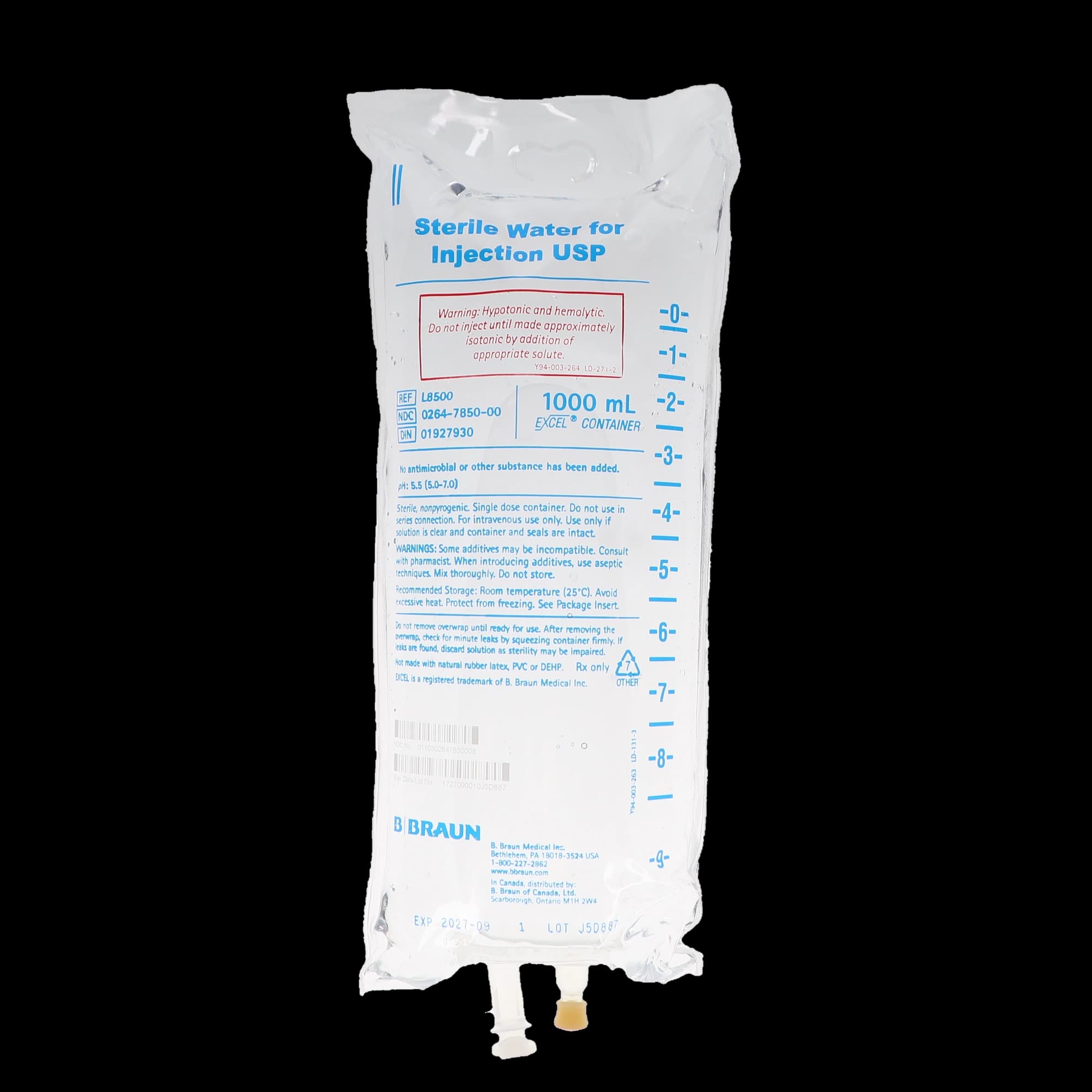 B. Braun Sterile Water for Injection, 1000 mL Excel Plastic Bag, PVC-Free, DEHP-Free, L8500 thumbnail 2
