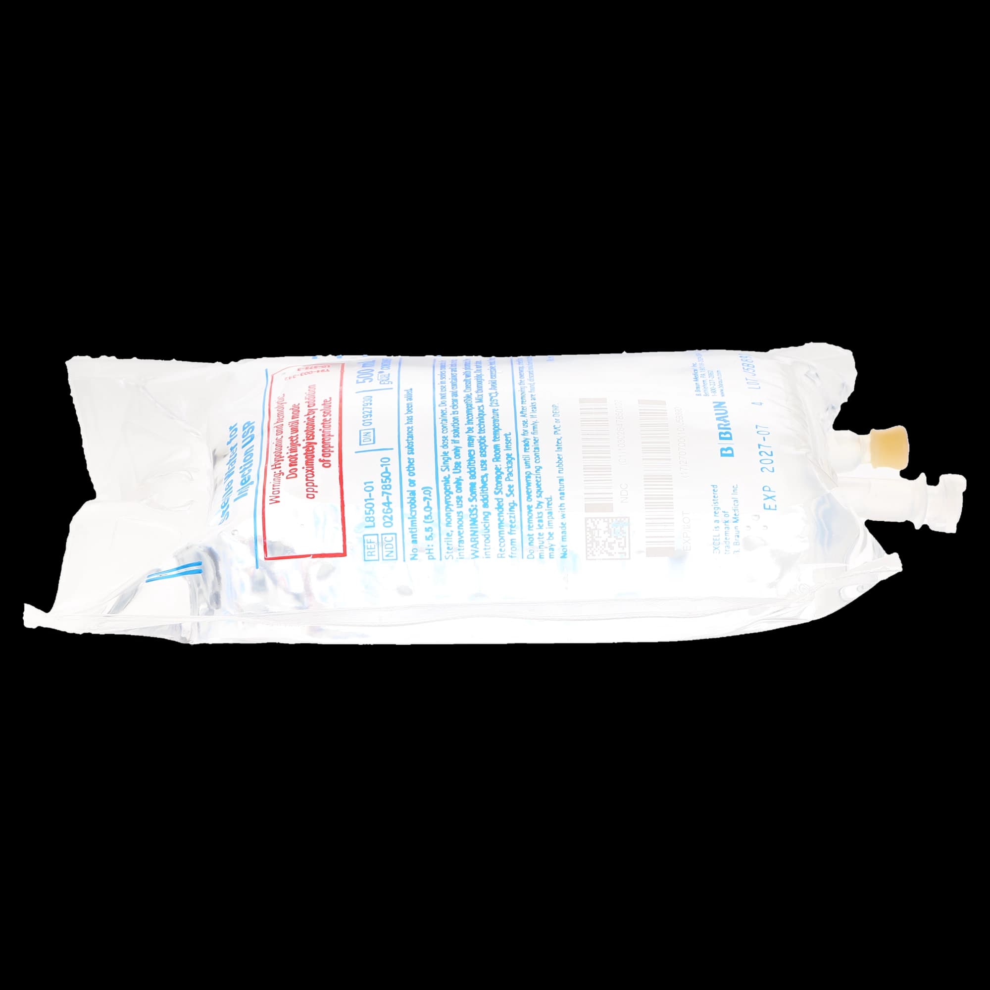 B. Braun Sterile Water for Injection USP, 500 mL Flexible Plastic IV Bag, L8501-01 thumbnail 3