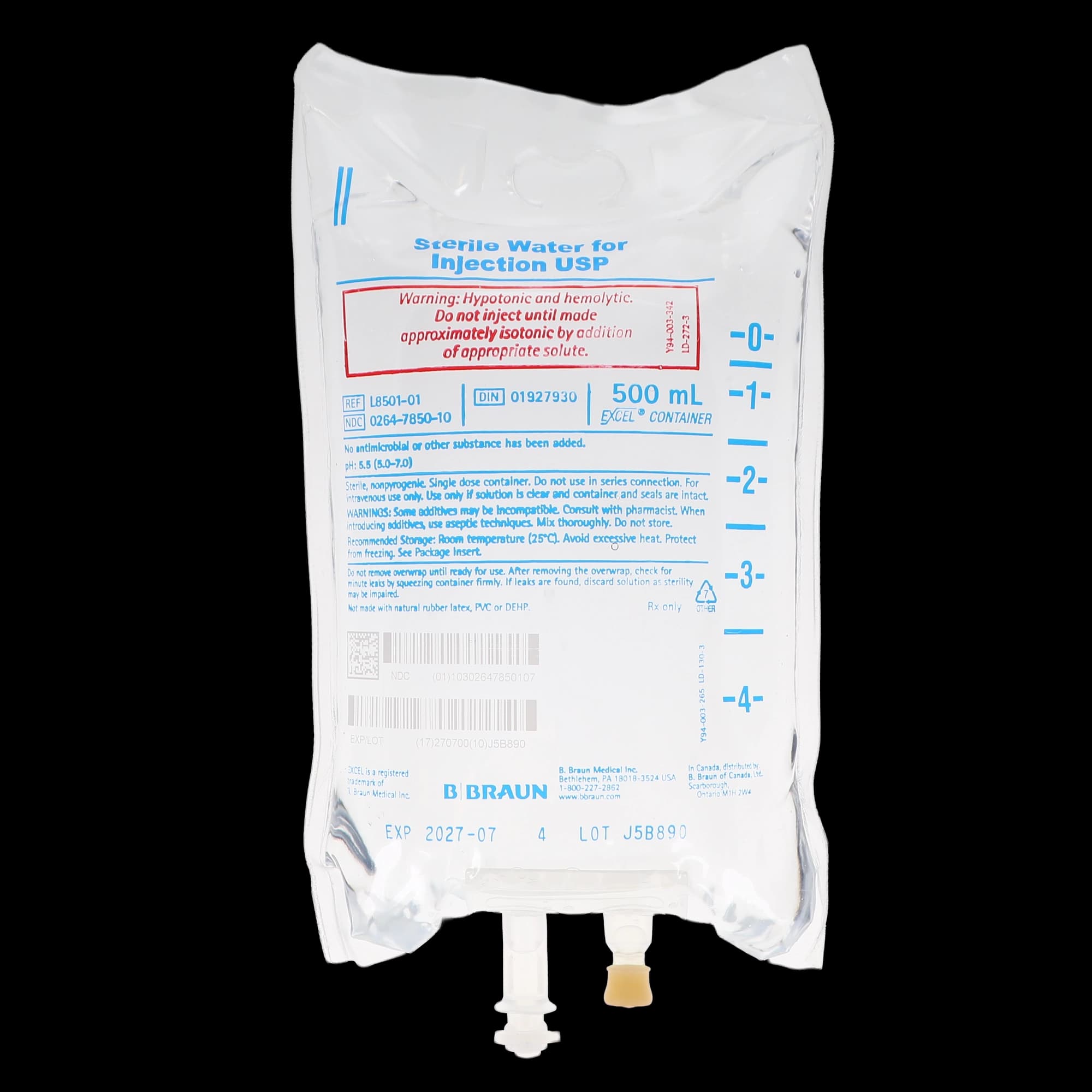 B. Braun Sterile Water for Injection USP, 500 mL Flexible Plastic IV Bag, L8501-01 thumbnail 2
