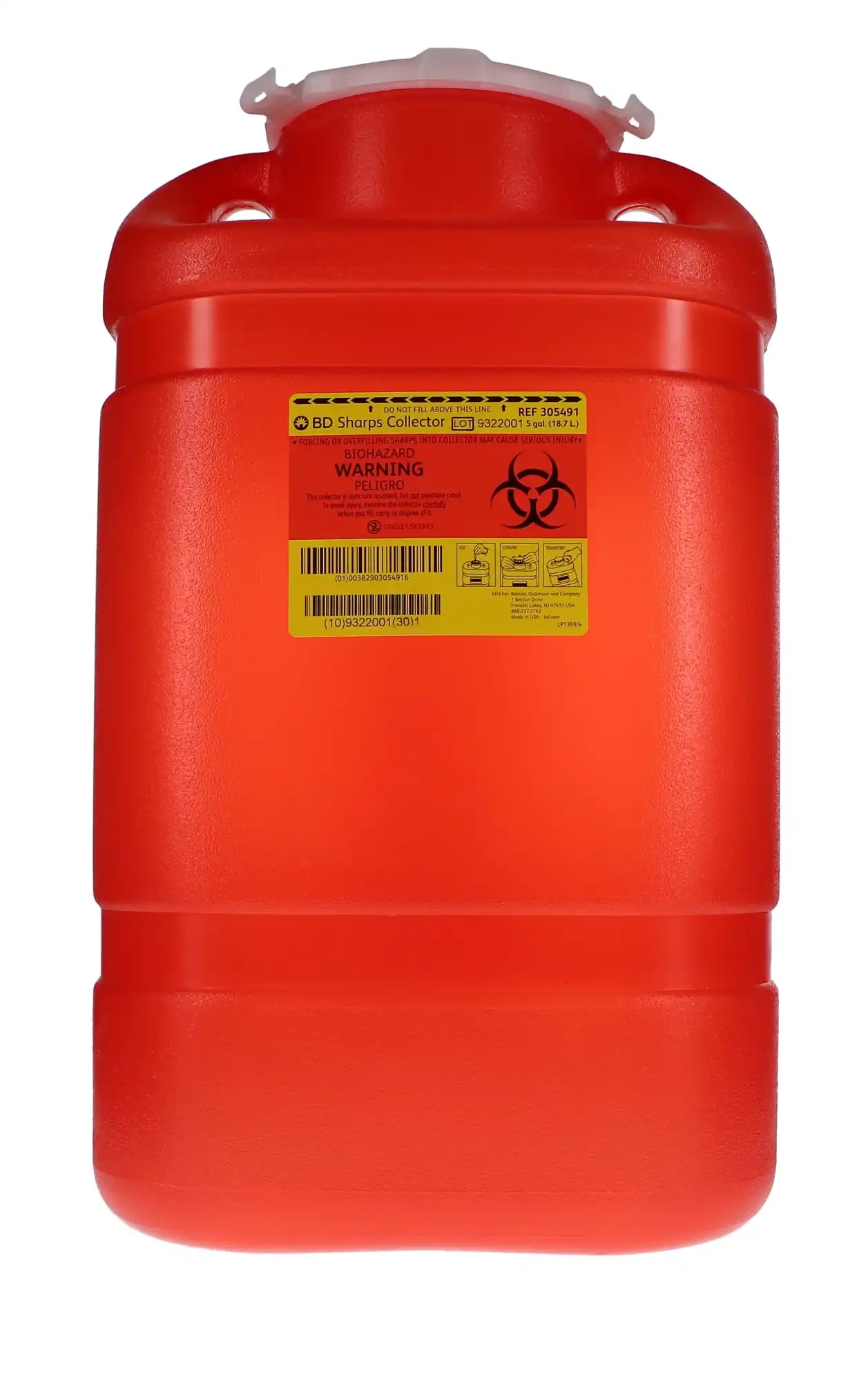 BD Multi-Use One-Piece Sharps Collector, Open Top, 19.7 Qt (5 Gal), Extra Large, Red, 1/Pk, 305491 thumbnail 4